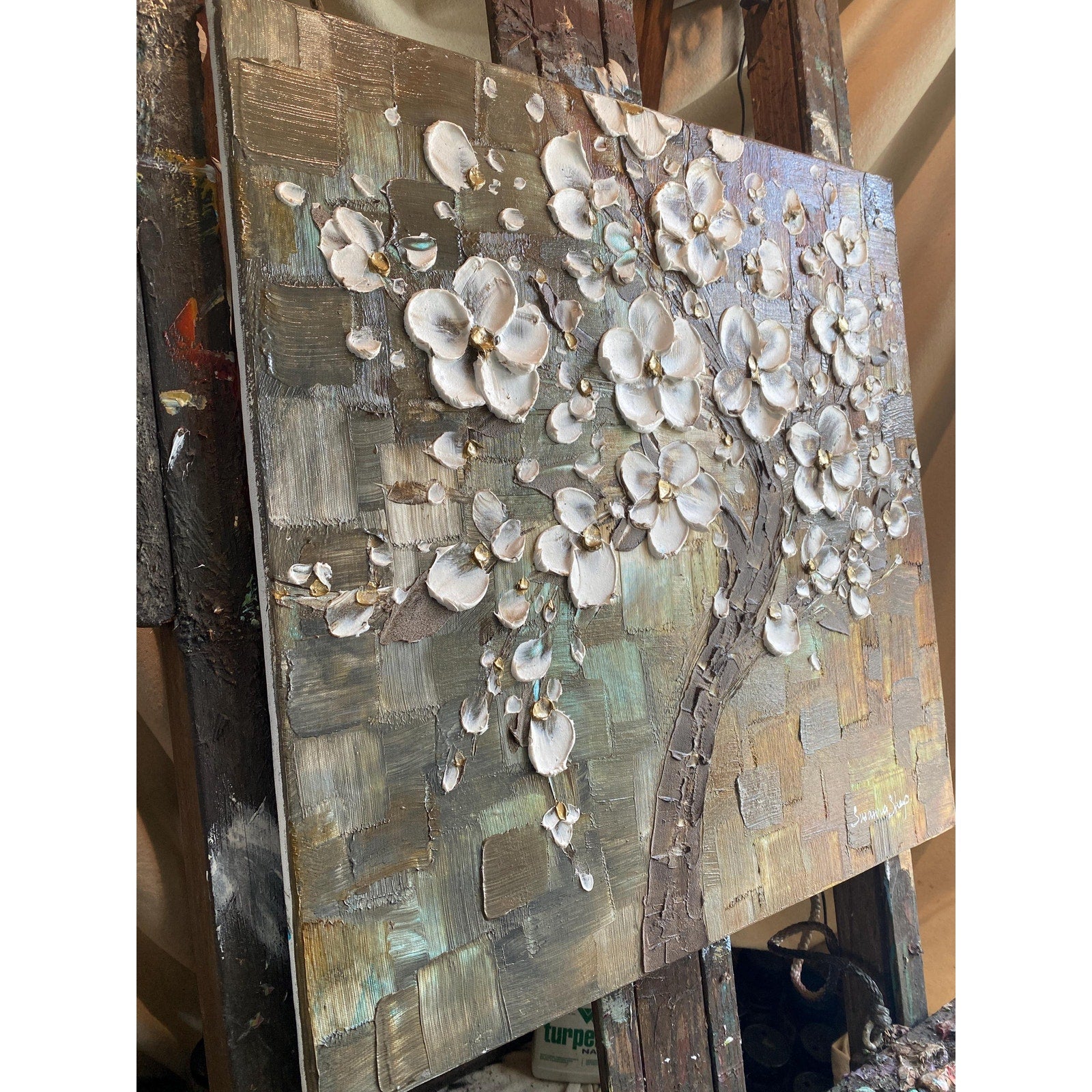 Textured Original White Cherry Blossom Palette Knife Impasto Painting (24x24")