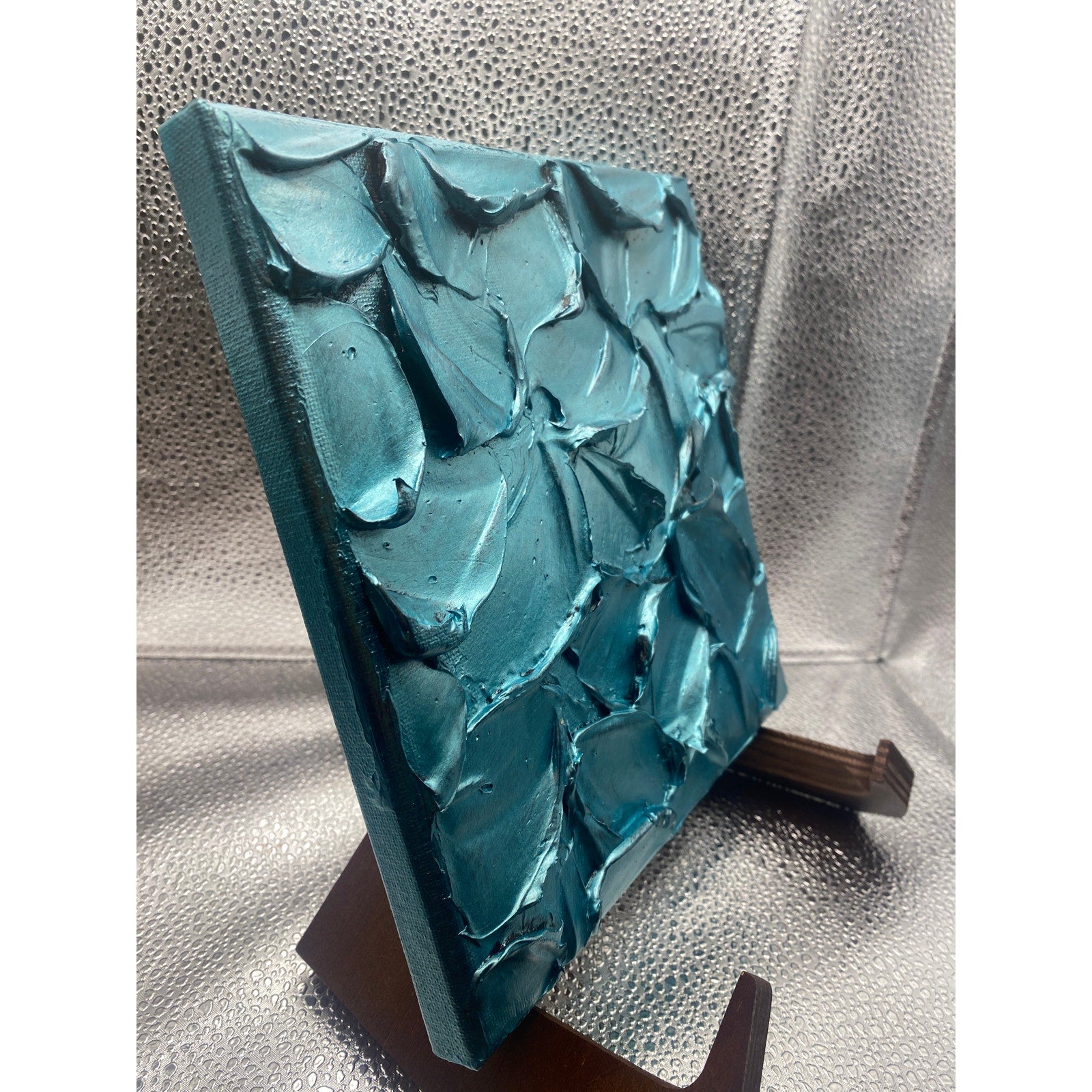 ORIGINAL Abstract Textured painting Metallic Aquamarine Blue, Palette knife Impasto Small 8" x 8"