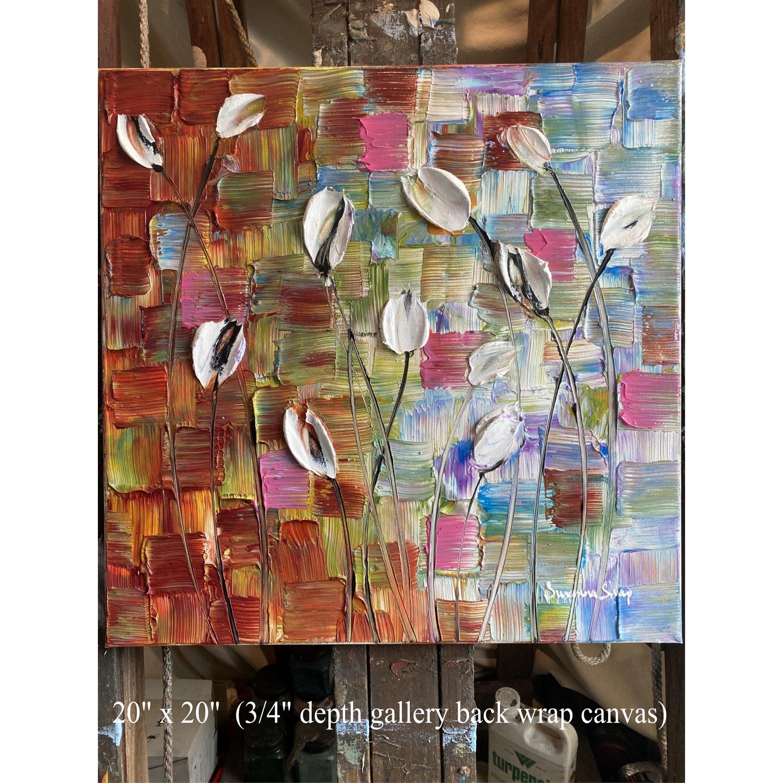 Original White Tulips Impasto Painting, Palette Knife Textured Art (20"x20")