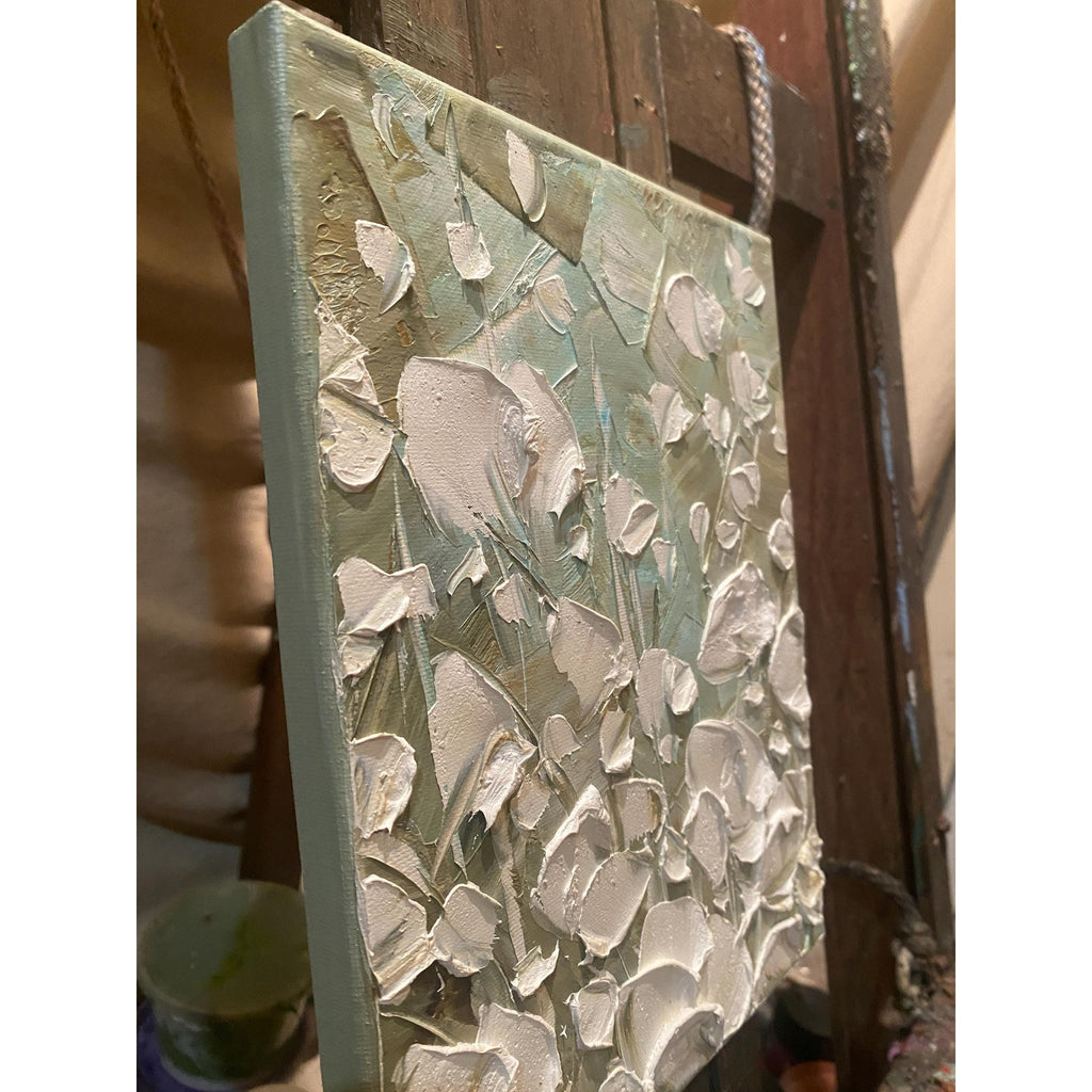 ORIGINAL small oil painting floral white poppies flowers landscape oil on canvas Textured Palette knife art 8x10” - Susanna Shap