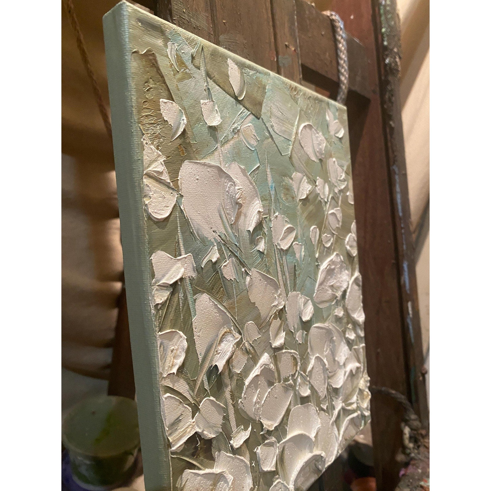 ORIGINAL small oil painting floral white poppies flowers landscape oil on canvas Textured Palette knife art 8x10” - Susanna Shap