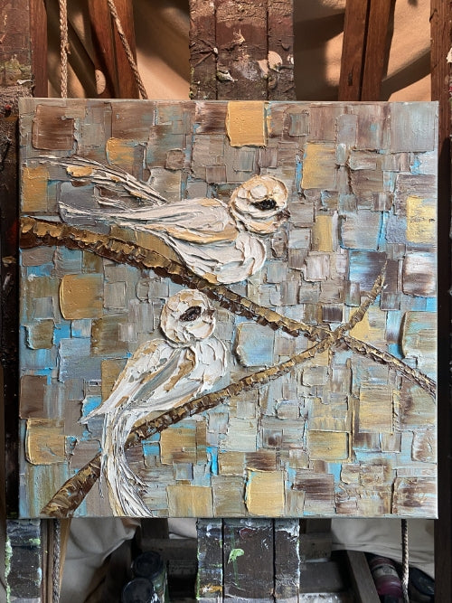 Birds on a branch oil painting ORIGINAL on canvas impasto Textured Palette knife Art 20x20" by Susanna Shap