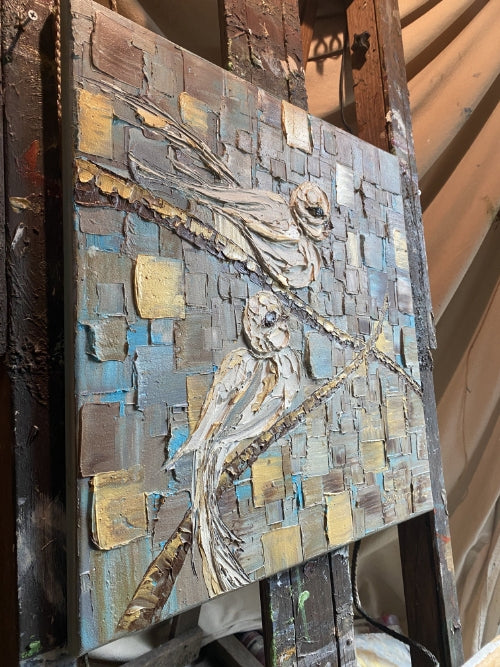 Birds on a branch oil painting ORIGINAL on canvas impasto Textured Palette knife Art 20x20" by Susanna Shap