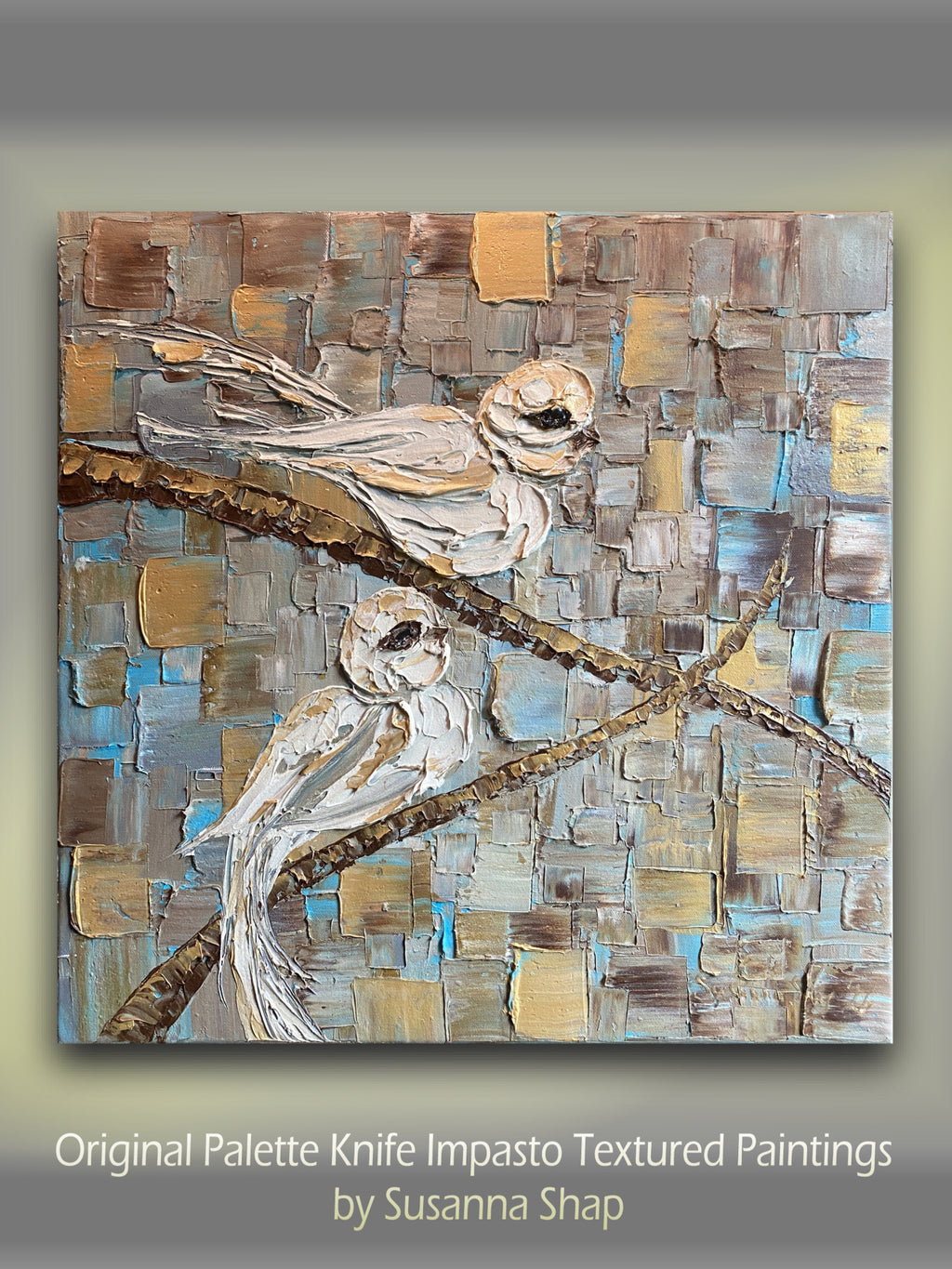 Birds on a branch oil painting ORIGINAL on canvas impasto Textured Palette knife Art 20x20" by Susanna Shap