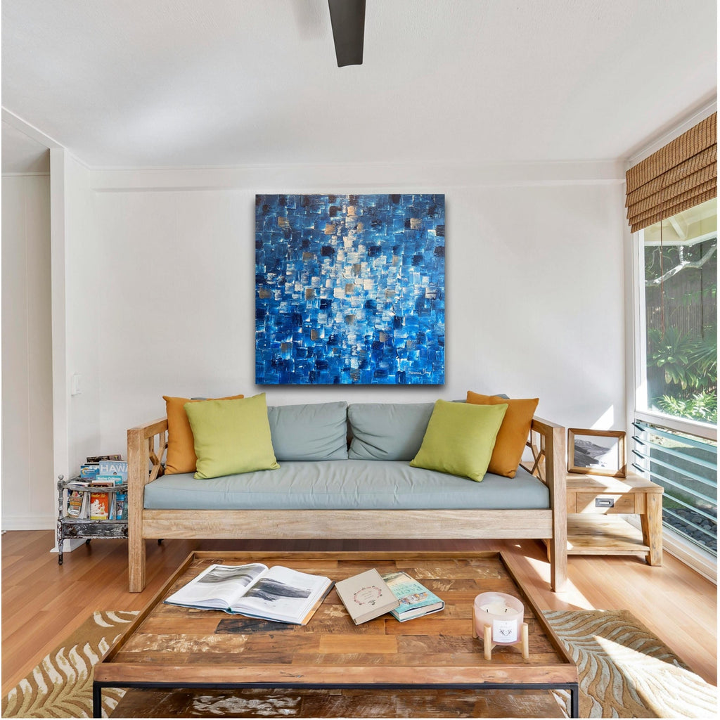 ORIGINAL Blue Large Abstract painting Minimalist Squares Geometric Heavy Textured 36"x36" Palette knife Art- by Susanna Shap