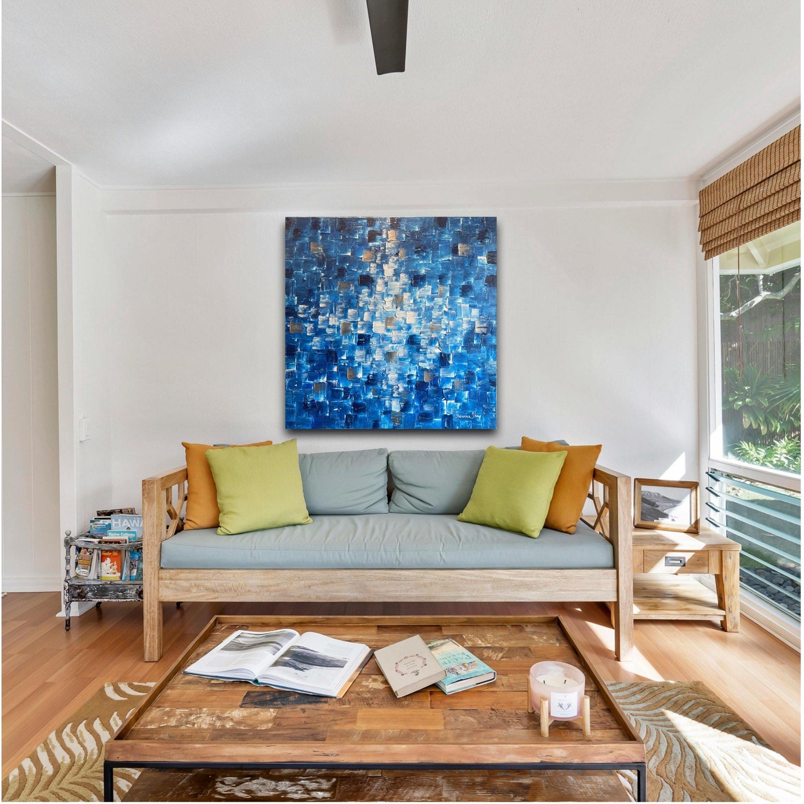 ORIGINAL Blue Large Abstract painting Minimalist Squares Geometric Heavy Textured 36"x36" Palette knife Art- by Susanna Shap