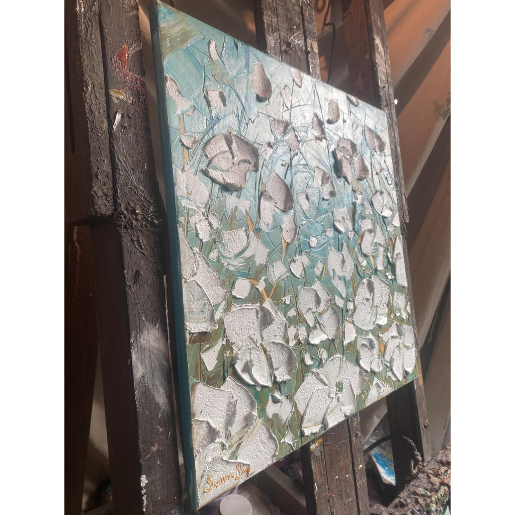 ORIGINAL floral oil painting, white poppies landscape on canvas impasto Textured Palette knife Wall Art 20x20" by Susanna Shap