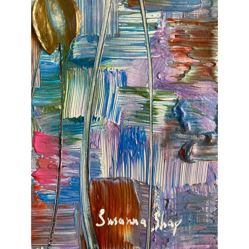 Original Gold Tulips Painting: Abstract Flowers, Textured Palette Knife Impasto Art