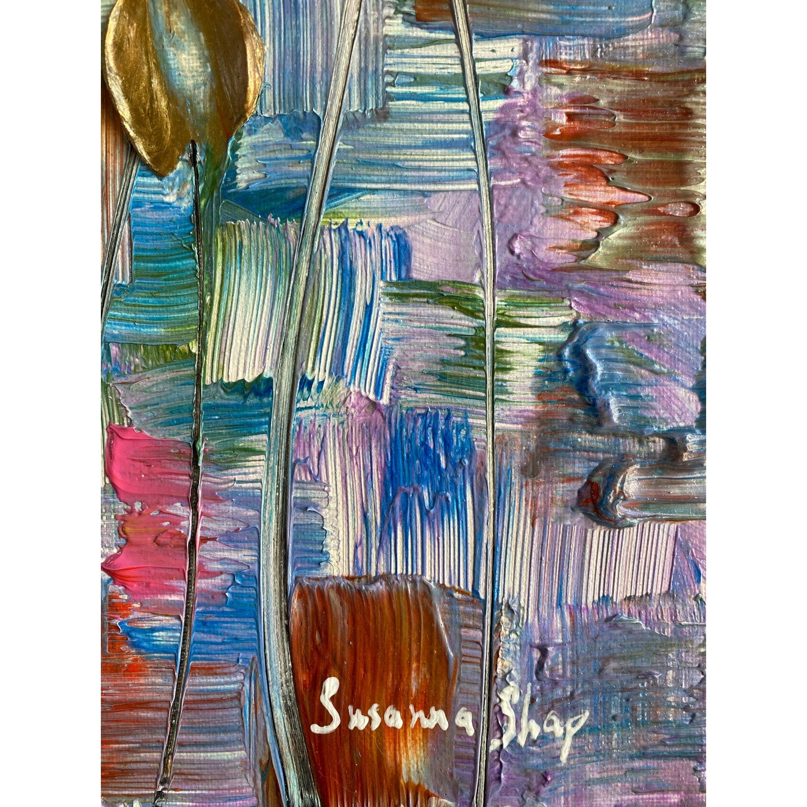 Original Gold Tulips Painting: Abstract Flowers, Textured Palette Knife Impasto Art