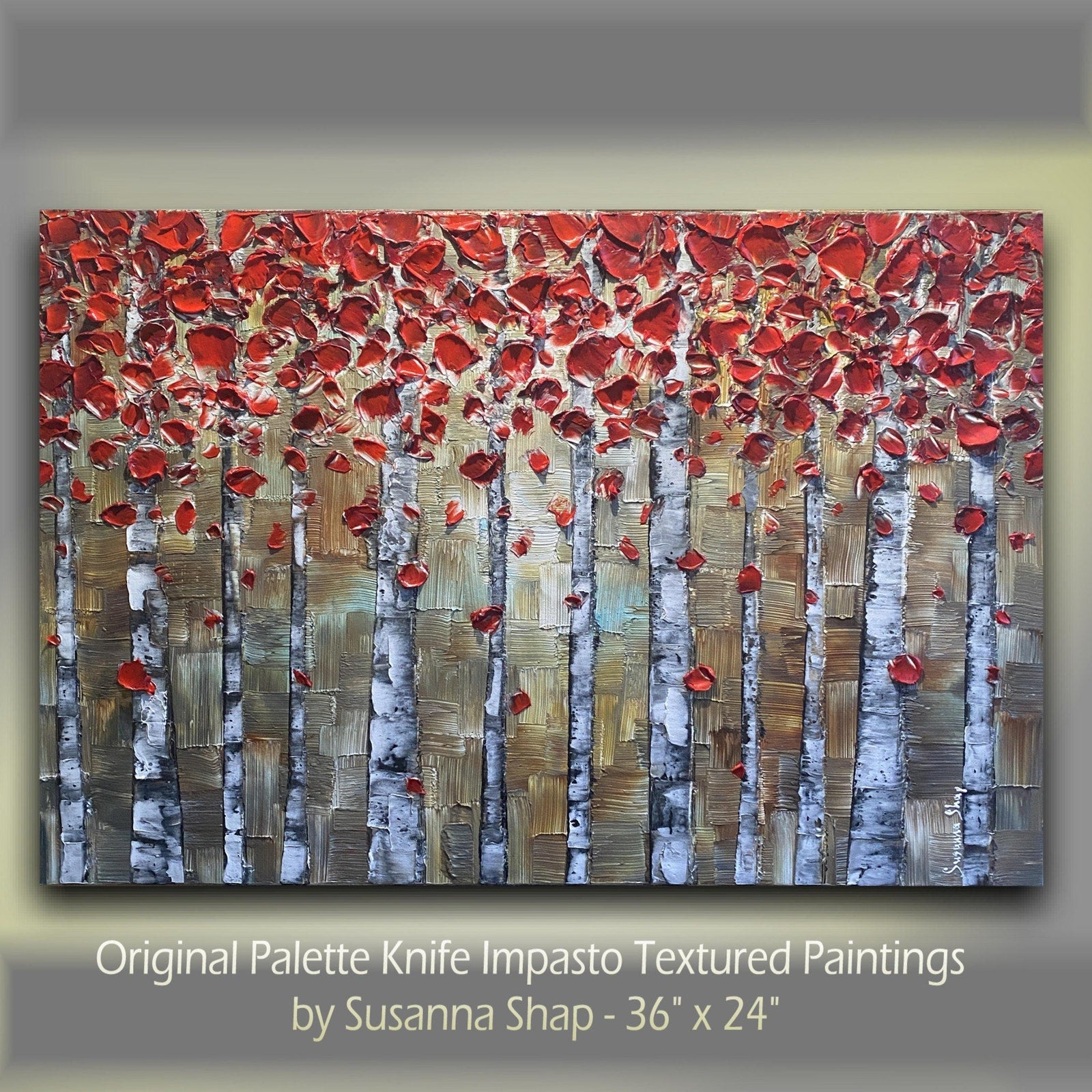 Red Birch Trees Impasto Painting, Textured Landscape Art (36x24")