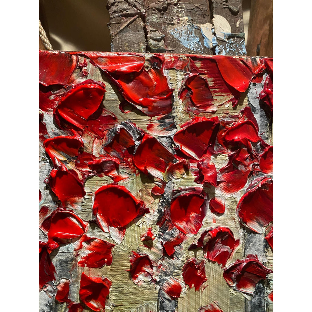 Red Birch Trees Impasto Painting, Textured Landscape Art (36x24")