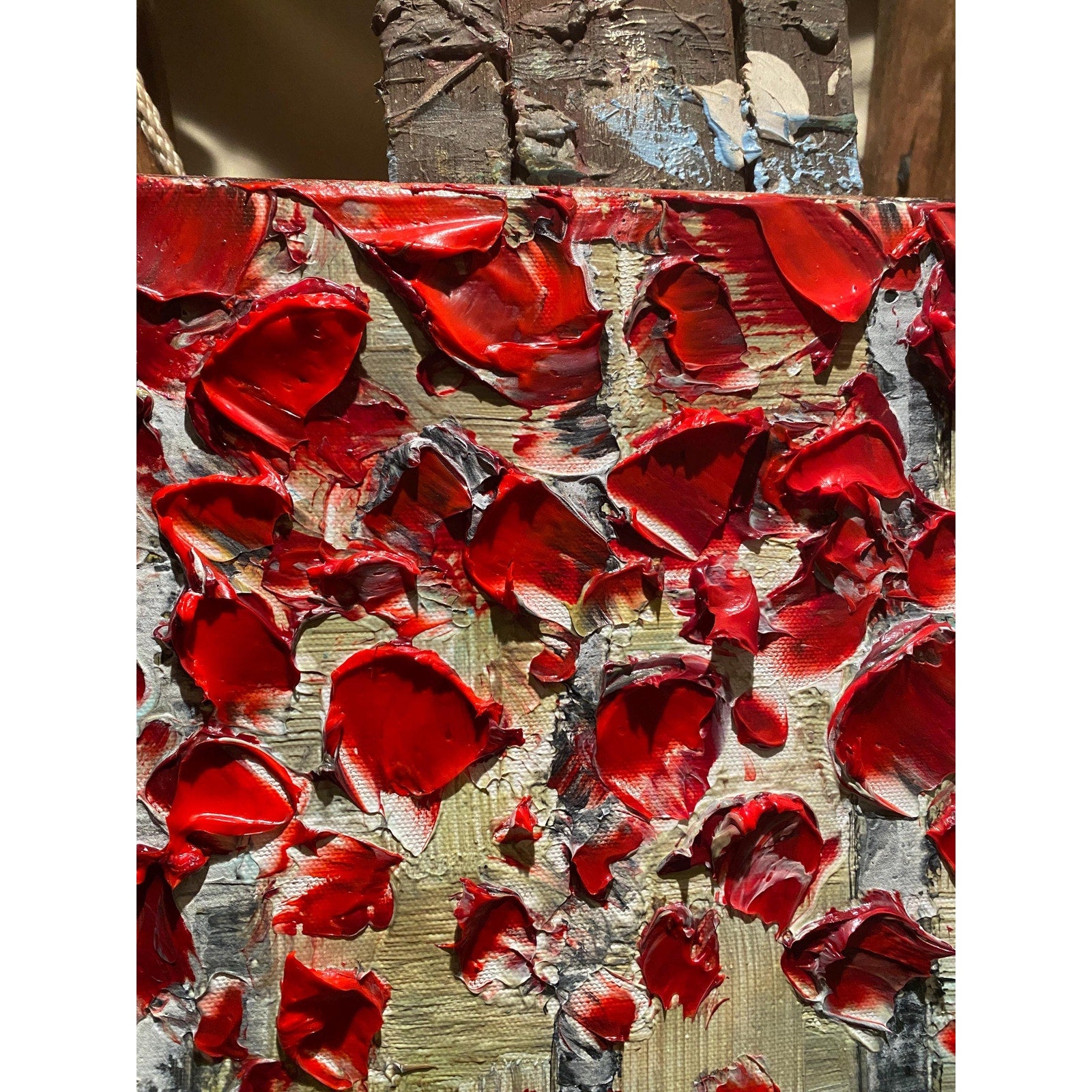 Red Birch Trees Impasto Painting, Textured Landscape Art (36x24")