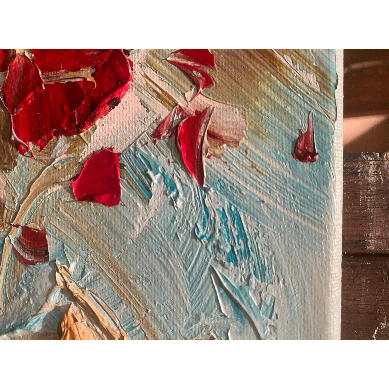 ORIGINAL small oil painting of dragonfly and red poppy flowers landscape on canvas Textured Palette knife art 8x8” by Susanna Shap