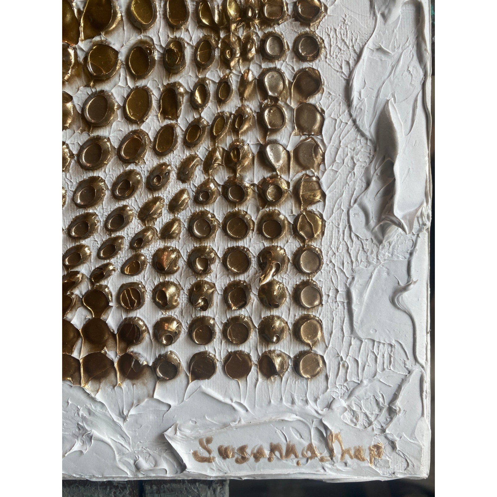Abstract ORIGINAL Art White & Gold Textured painting, Handmade wall art, 12"x12"