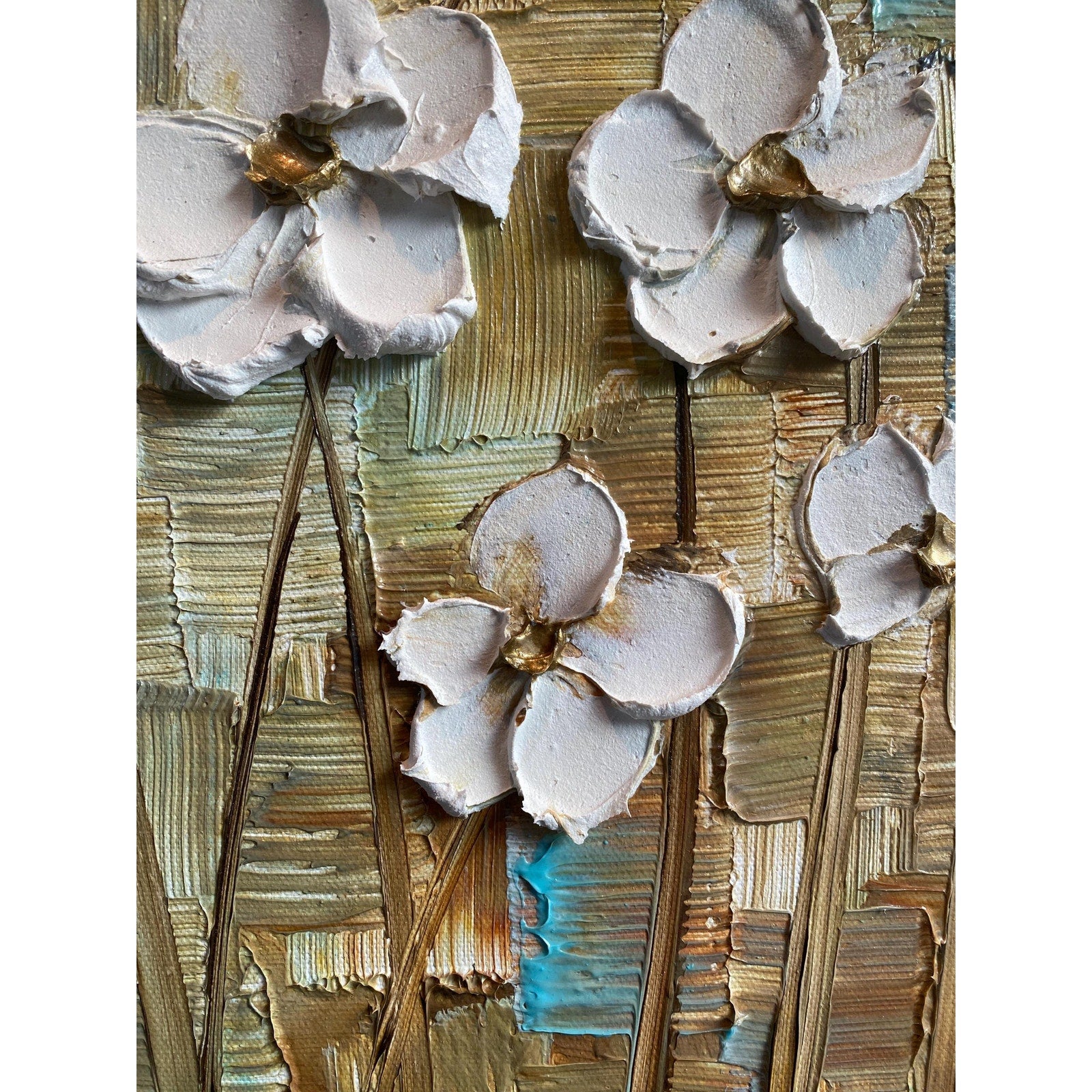 Original Abstract White Textured Flowers Impasto Painting: Palette Knife Fine Art (20"x20")