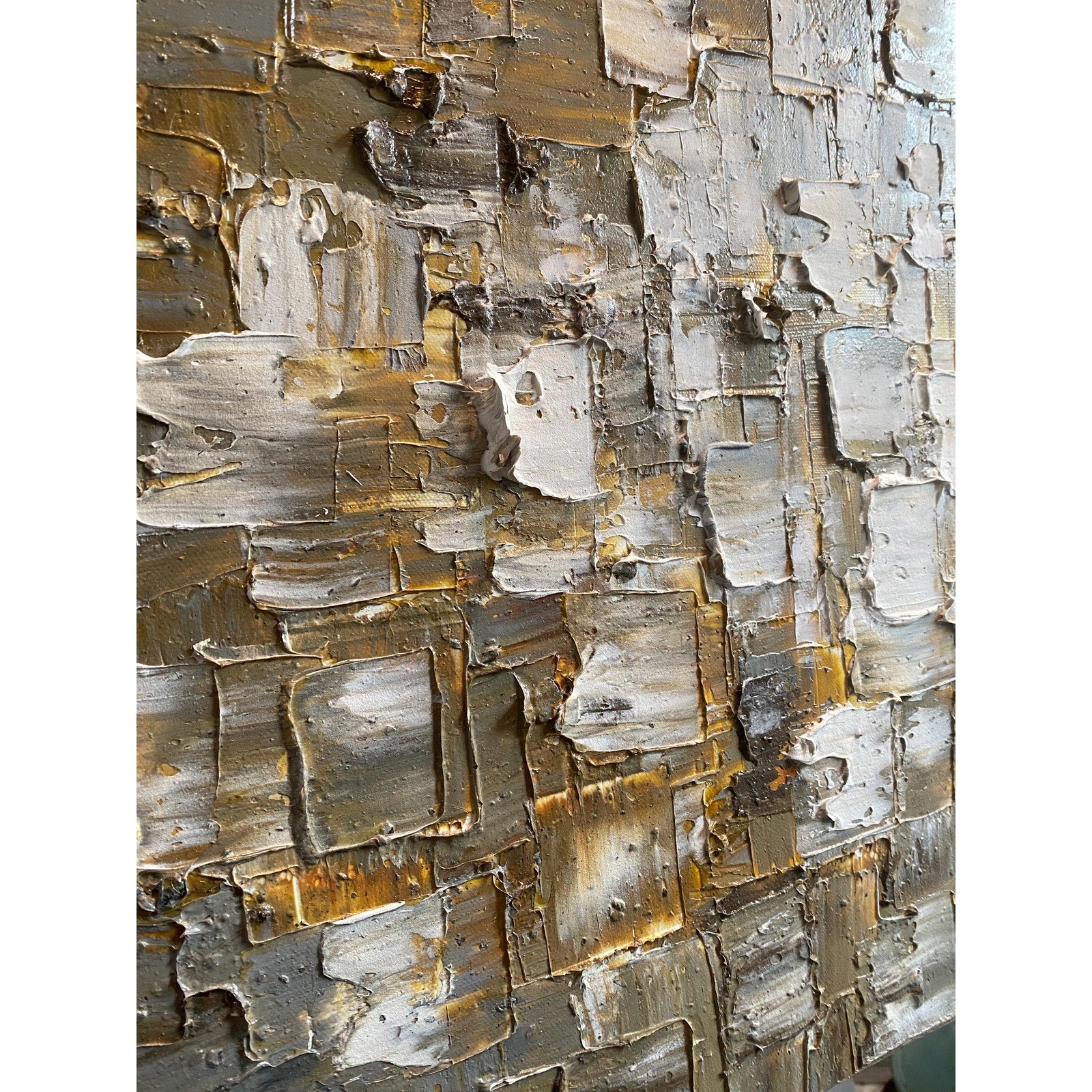 ORIGINAL Heavy Textured Large Abstract Minimalist painting Neutral Beige Gray Squares Geometric 60"x20" Palette knife Art- by Susanna Shap