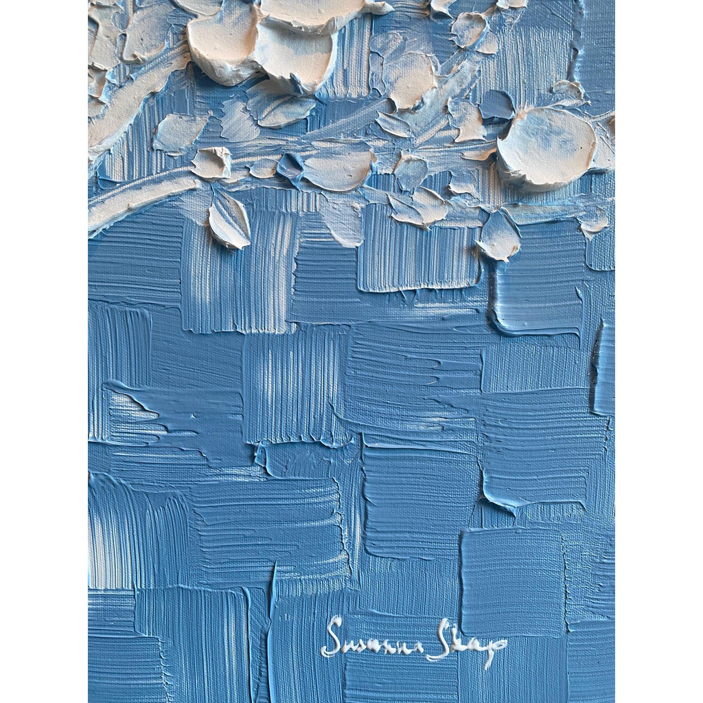 Wedgewood Blue Original Palette Knife Impasto Painting: White Cherry Blossoms tree (24"x24")