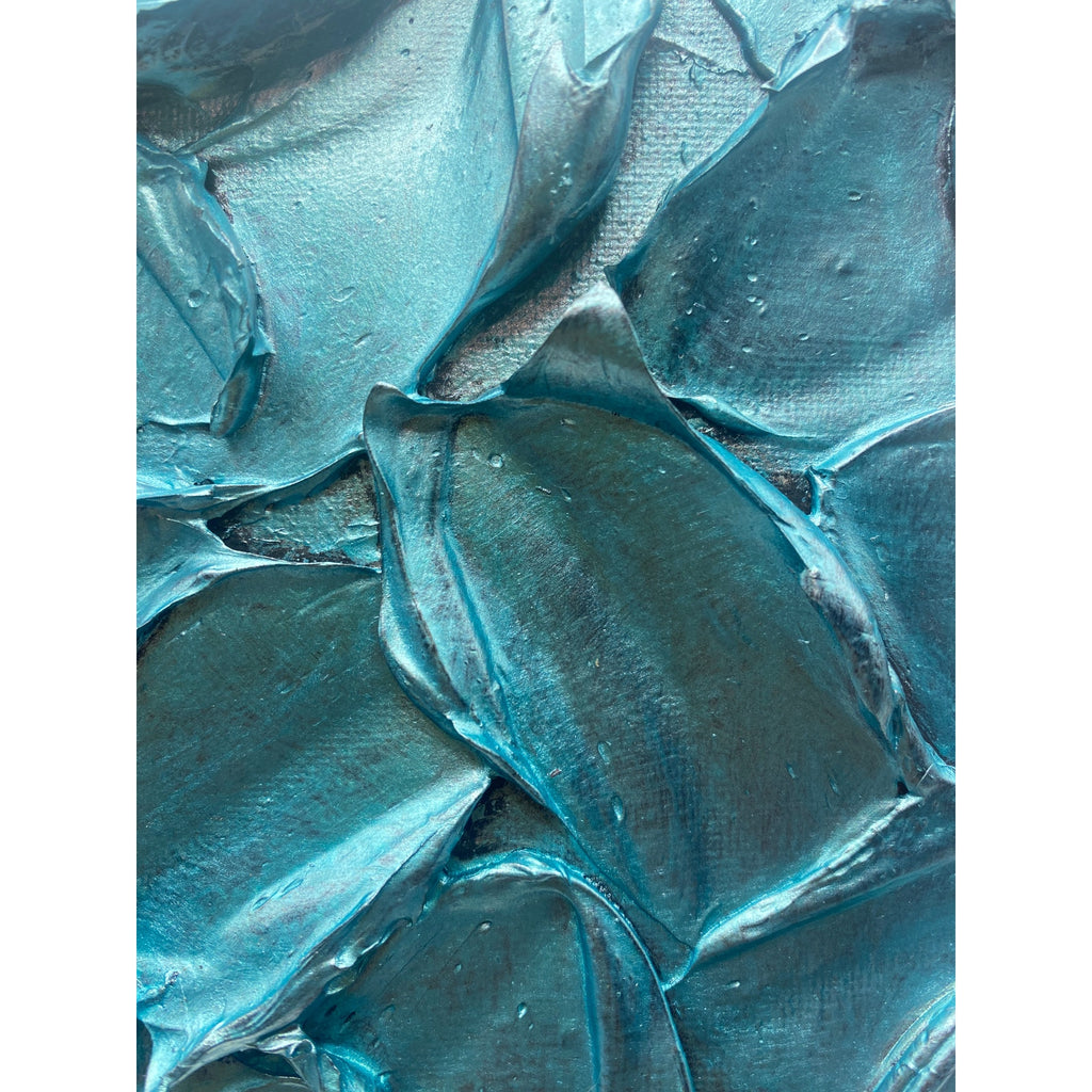 ORIGINAL Abstract Textured painting Metallic Aquamarine Blue, Palette knife Impasto Small 8" x 8"