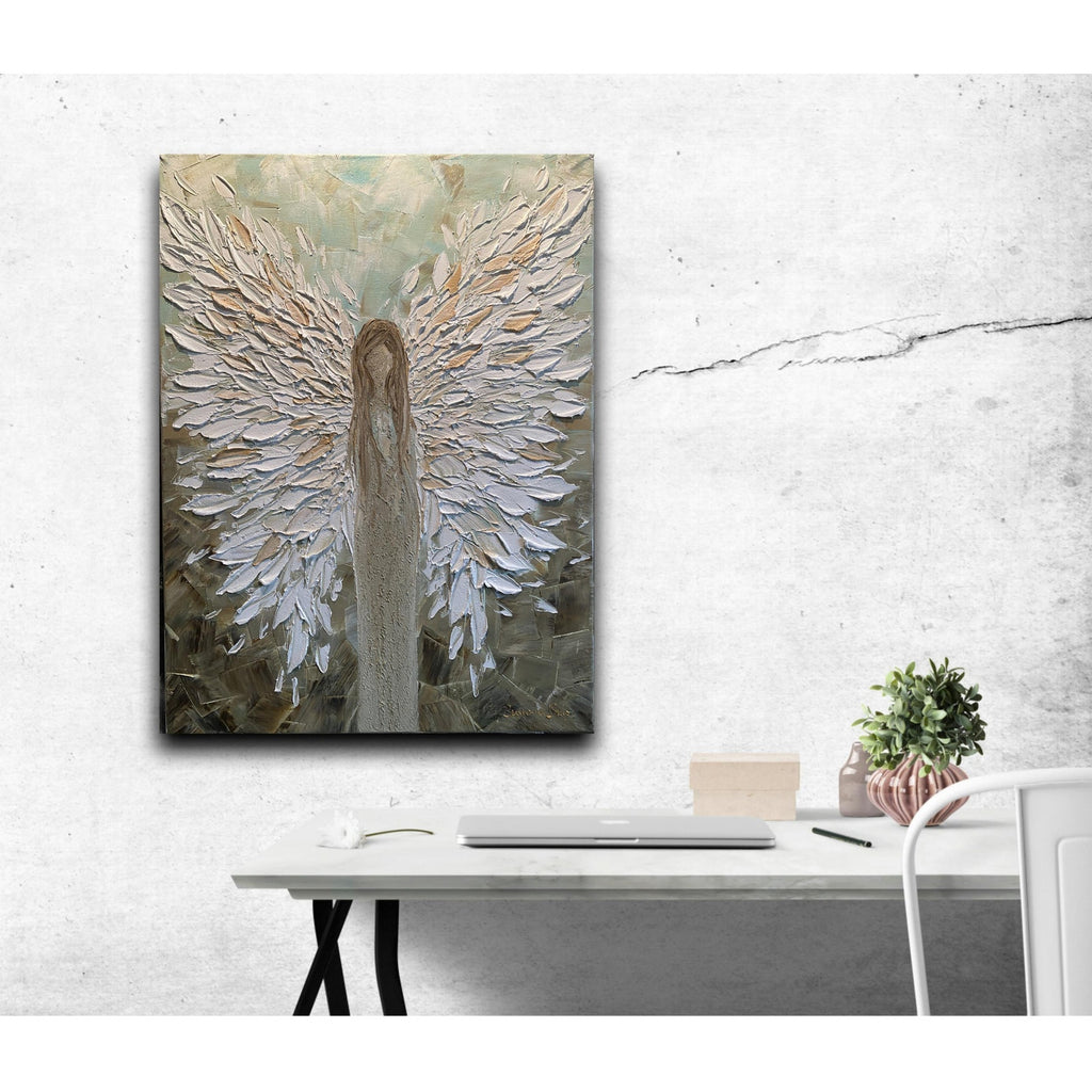 ORIGINAL angel abstract oil painting on canvas impasto Textured Palette knife white Angel wings Wall Art 20x20" by Susanna Shap
