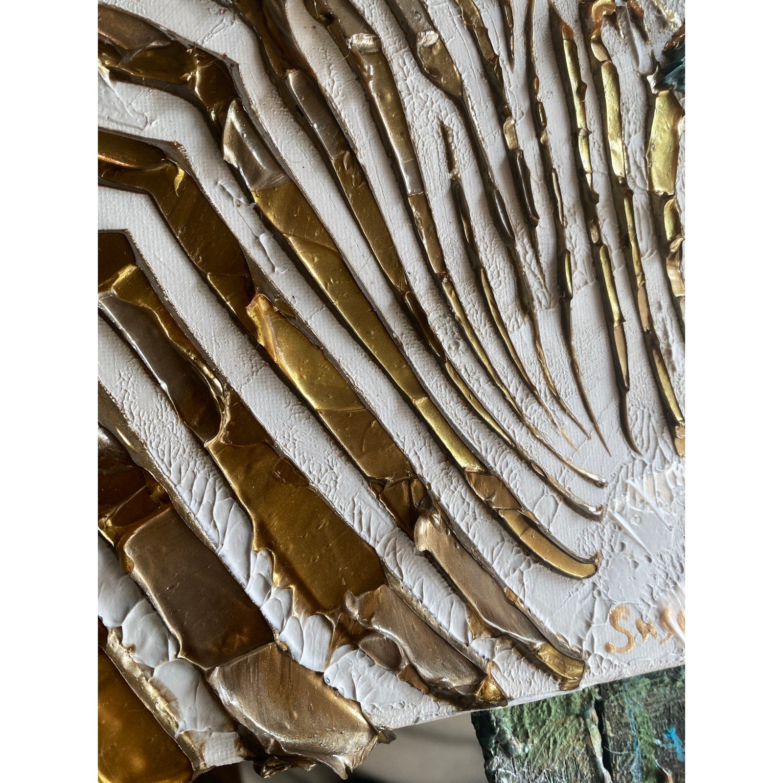 Zebra, ORIGINAL Animal Art Abstract White & Gold Textured painting, Handmade Canvas wall art