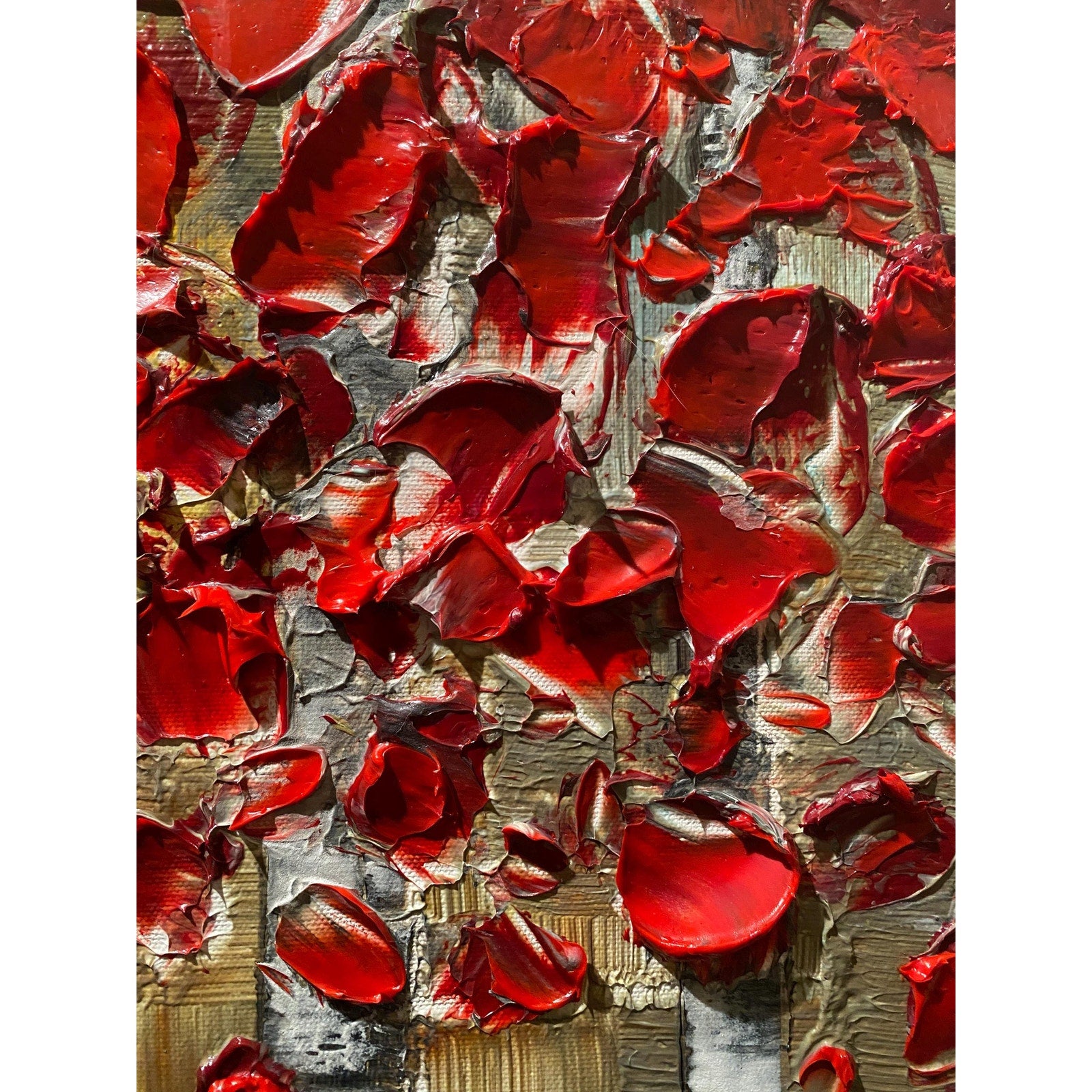 Red Birch Trees Impasto Painting, Textured Landscape Art (36x24")