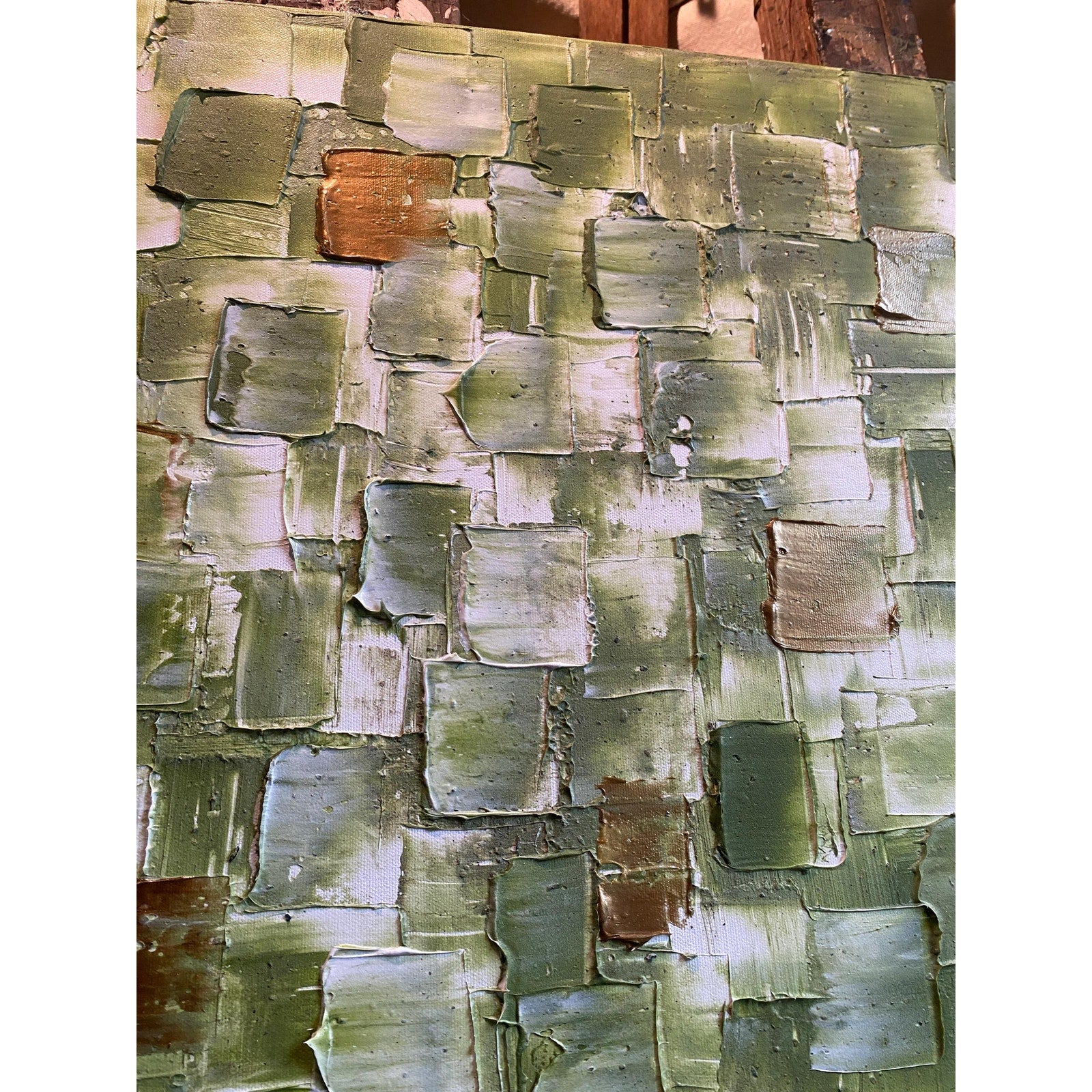 ORIGINAL Olive Green Large Abstract painting, Squares, Geometric Heavy Textured 48"x24" Palette knife Art- by Susanna Shap