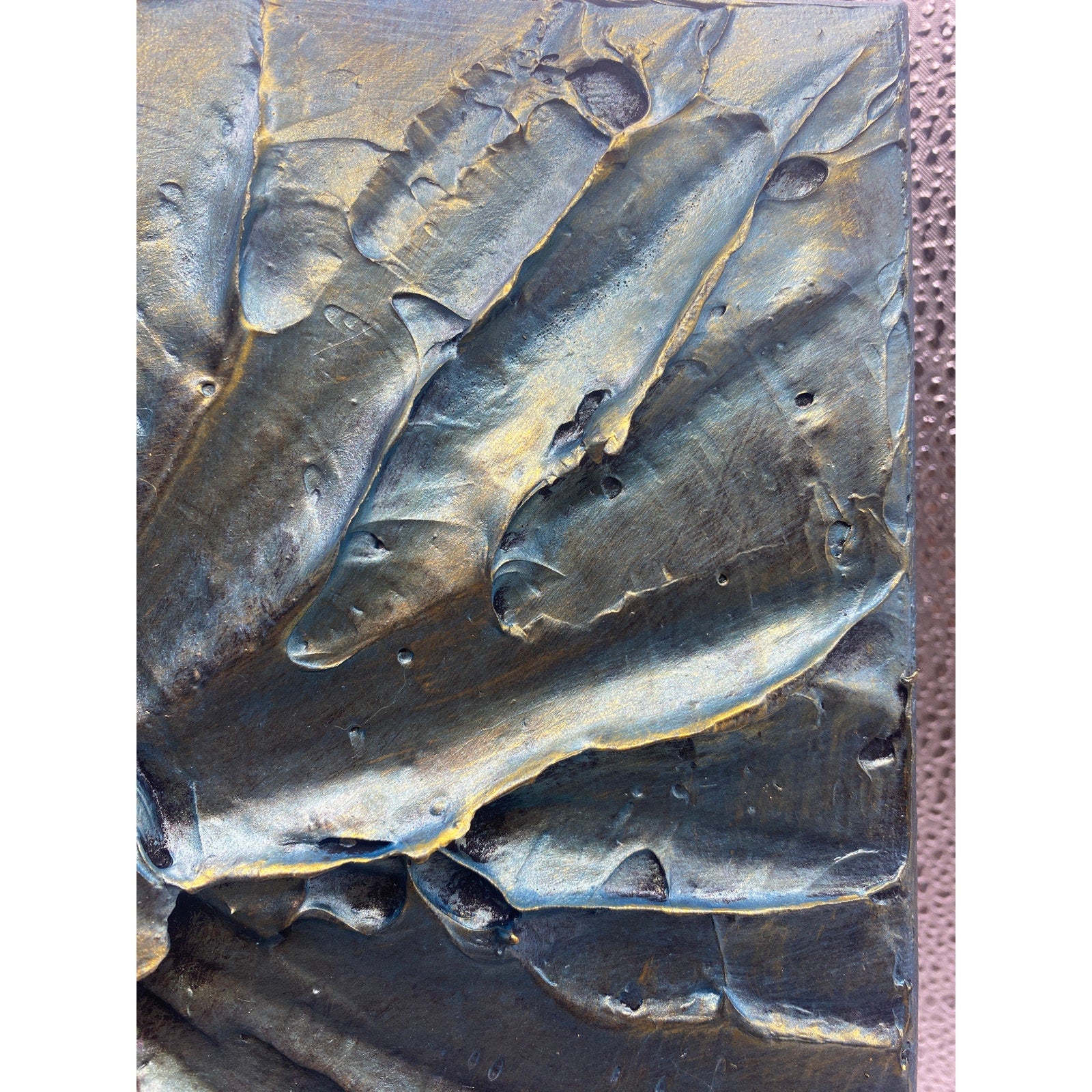 ORIGINAL Blue Gold Celestial Abstract Textured painting, Metallic Palette knife Impasto Art, Small 8" x 10"
