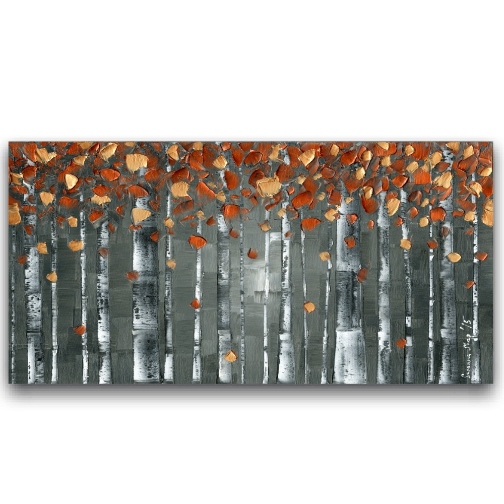 Copper and Grey Birch Trees Forest Landscape Whimsical Wall Art Abstract Expressionist, Fine Art Giclee PRINT on canvas by Susanna Shap