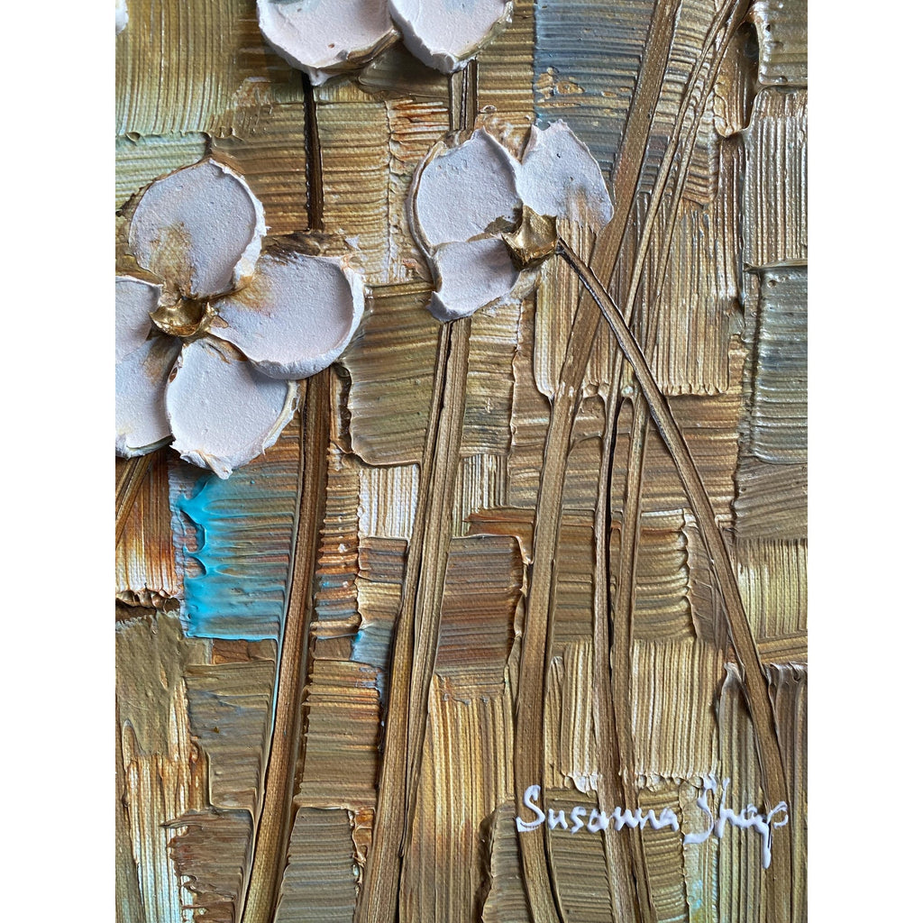 Original Abstract White Textured Flowers Impasto Painting: Palette Knife Fine Art (20"x20")