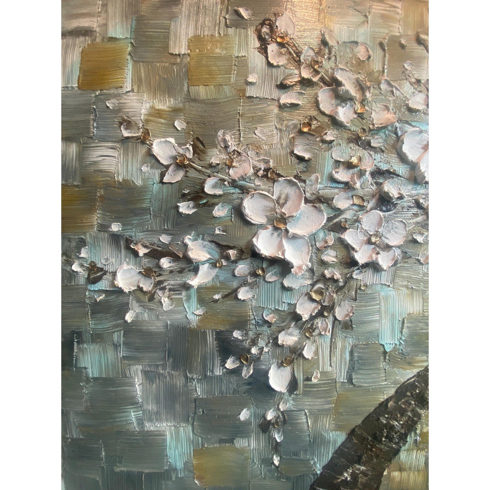 ORIGINAL TREE PAINTING abstract art textured white cherry blossom impasto palette knife textured impressionist art by susanna shap (36x24")