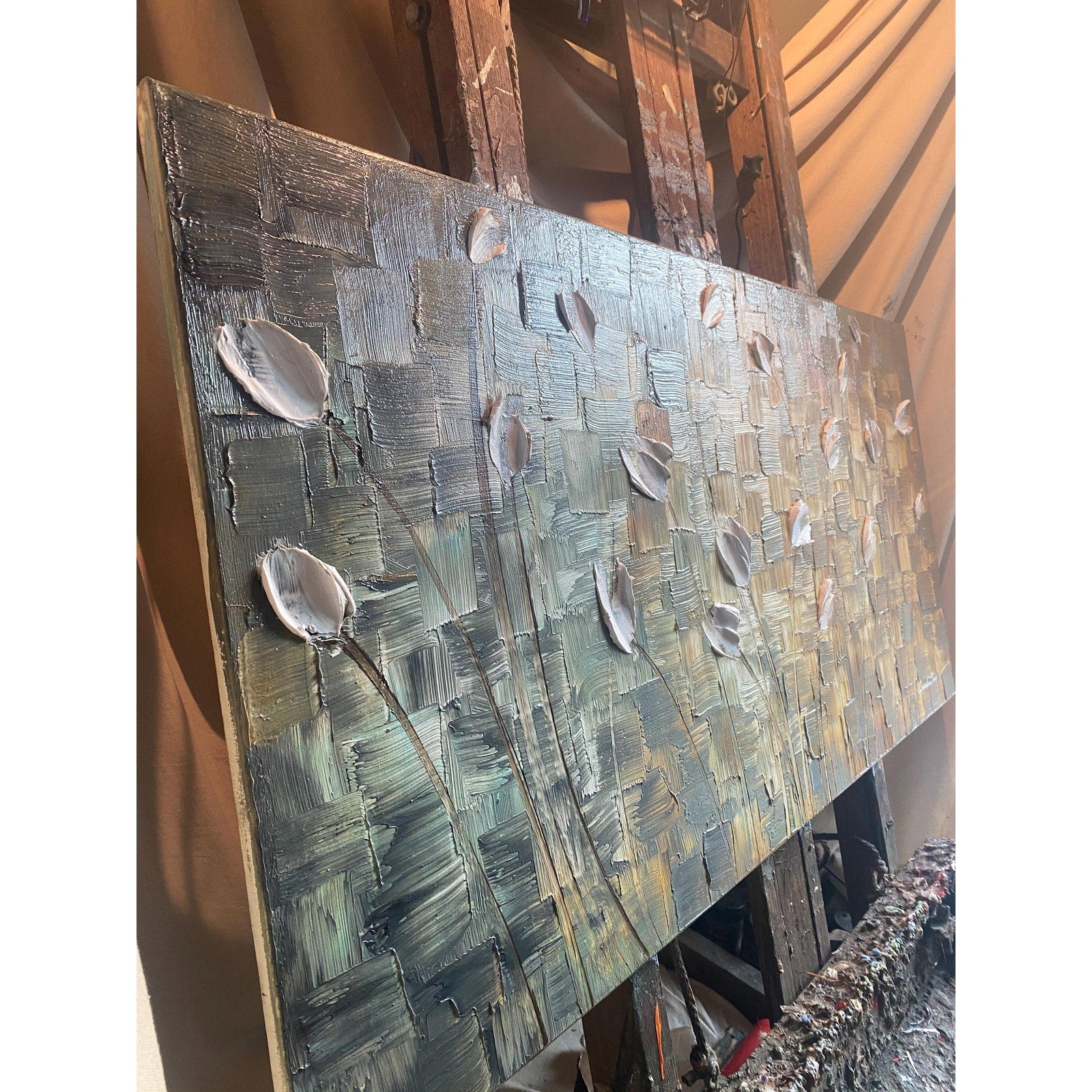 Large ORIGINAL white tulips painting, Abstract Landscape, Textured Palette knife Impasto Fine art by susanna shap (48"x24")