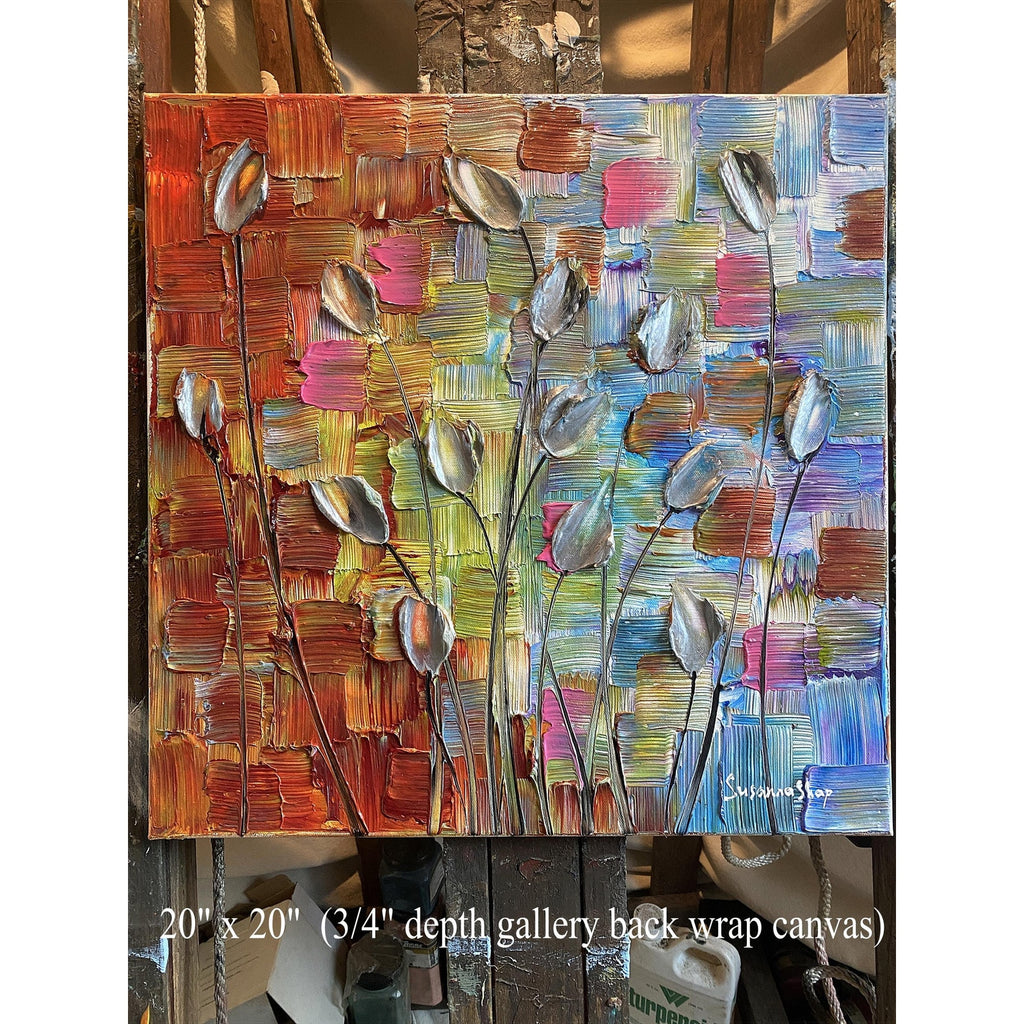 Original Silver Tulips Impasto Painting, Palette Knife Textured Art (20"x20")
