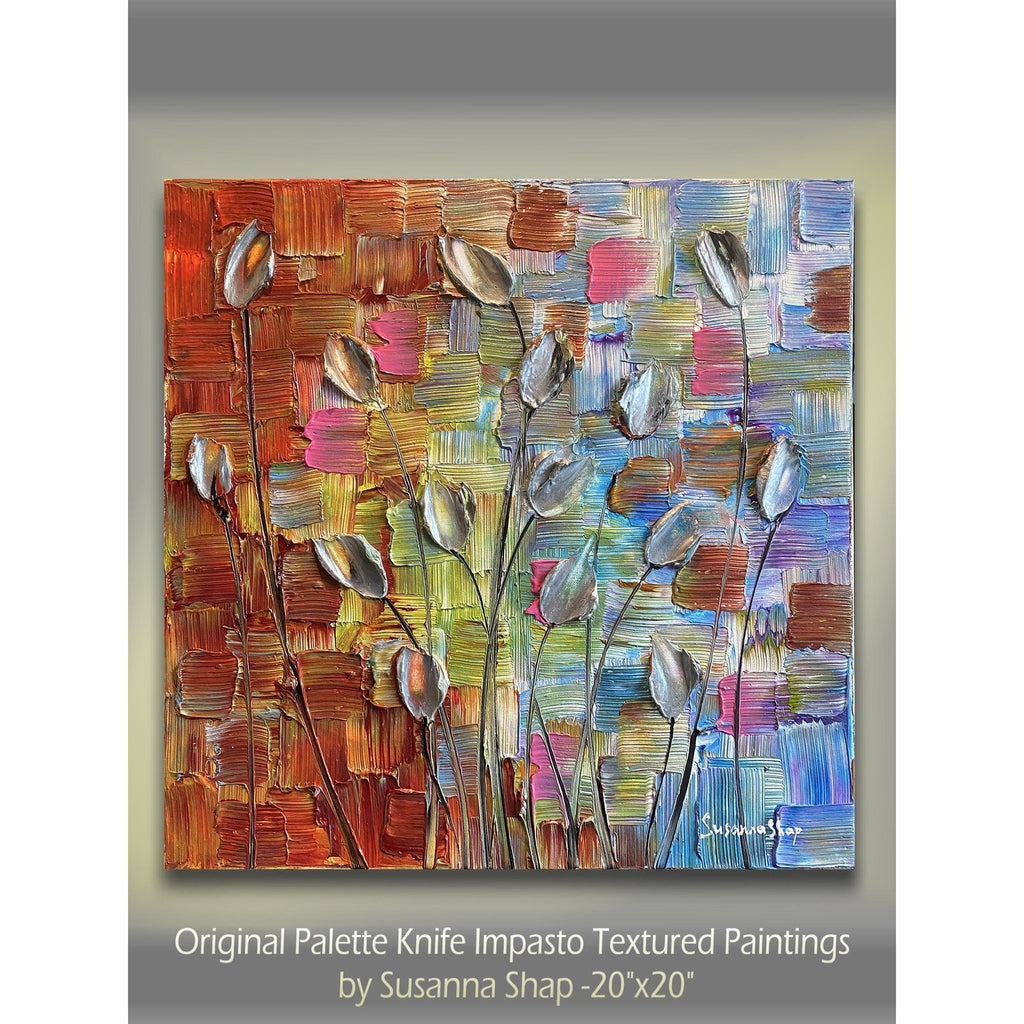 Original Silver Tulips Impasto Painting, Palette Knife Textured Art (20"x20")