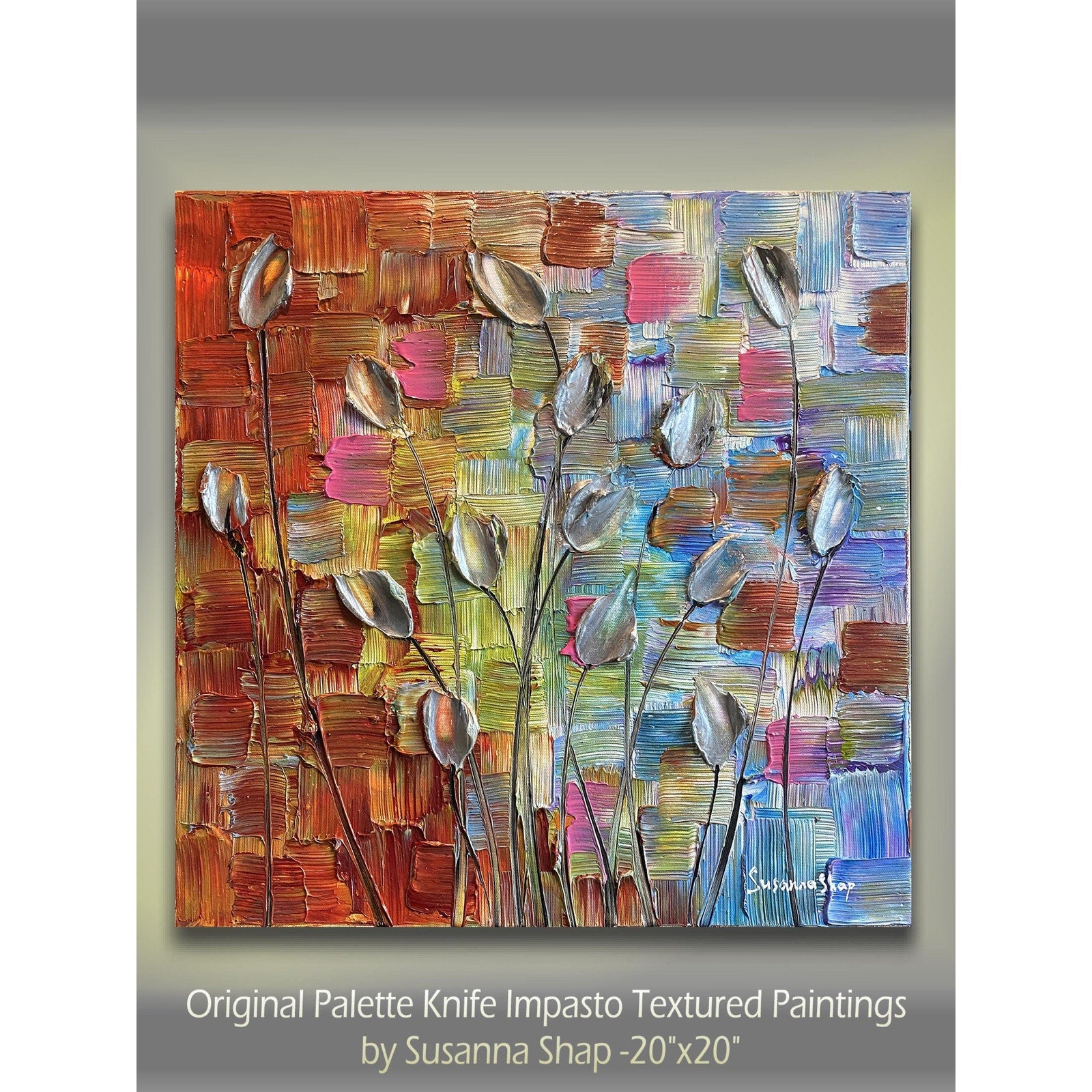 Original Silver Tulips Impasto Painting, Palette Knife Textured Art (20"x20")