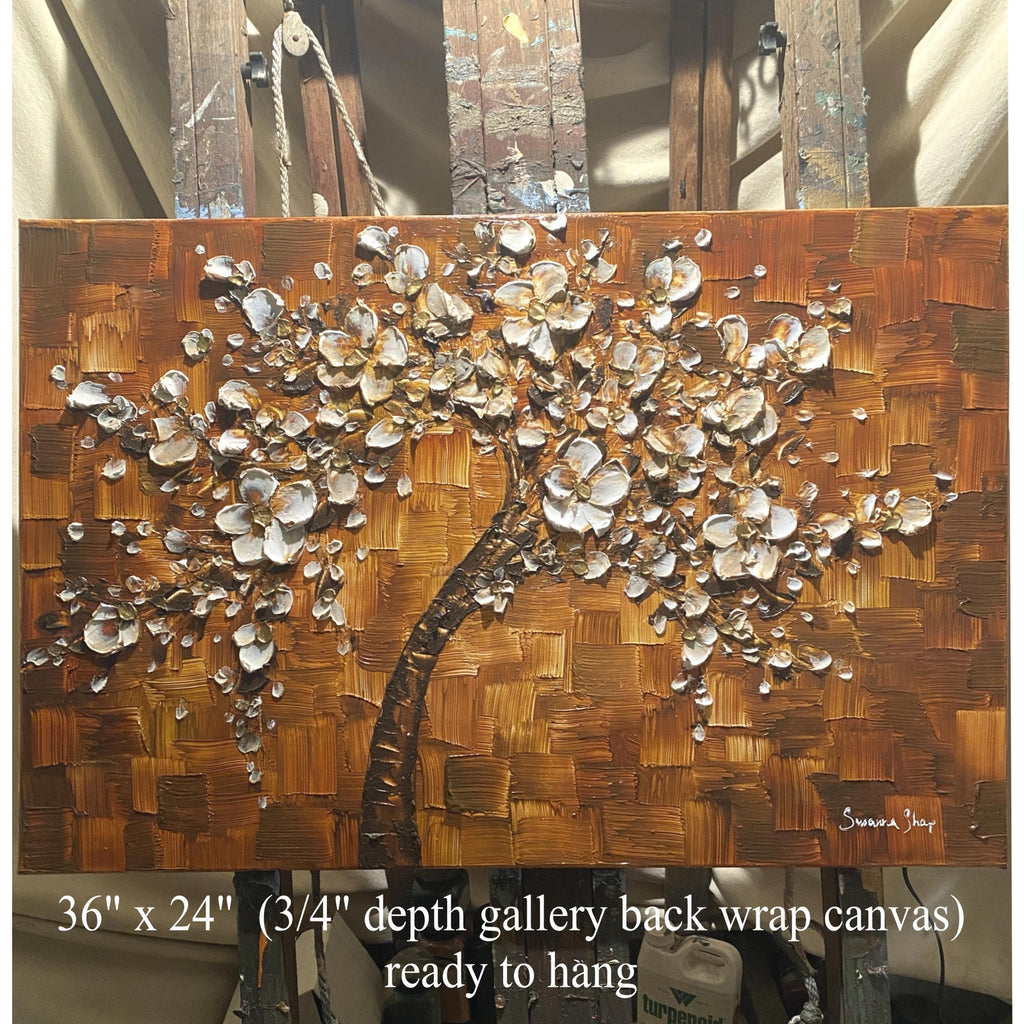Original textured abstract tree painting, brown and white Cherry Blossom Impasto , Palette Knife impasto fine Art (36x24")