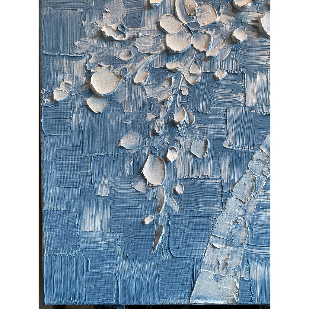 Wedgewood Blue Original Palette Knife Impasto Painting: White Cherry Blossoms tree (24"x24")