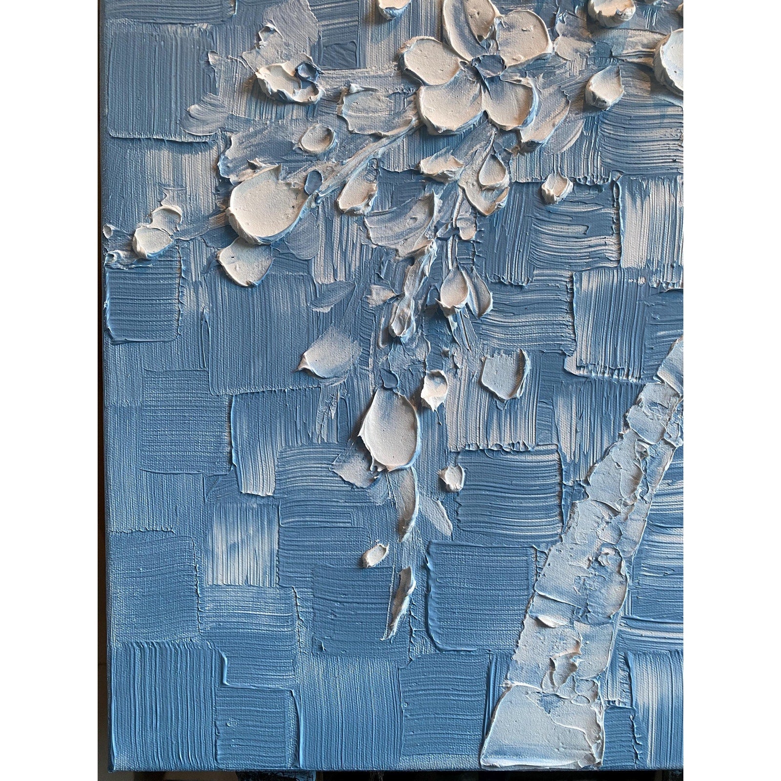 Wedgewood Blue Original Palette Knife Impasto Painting: White Cherry Blossoms tree (24"x24")