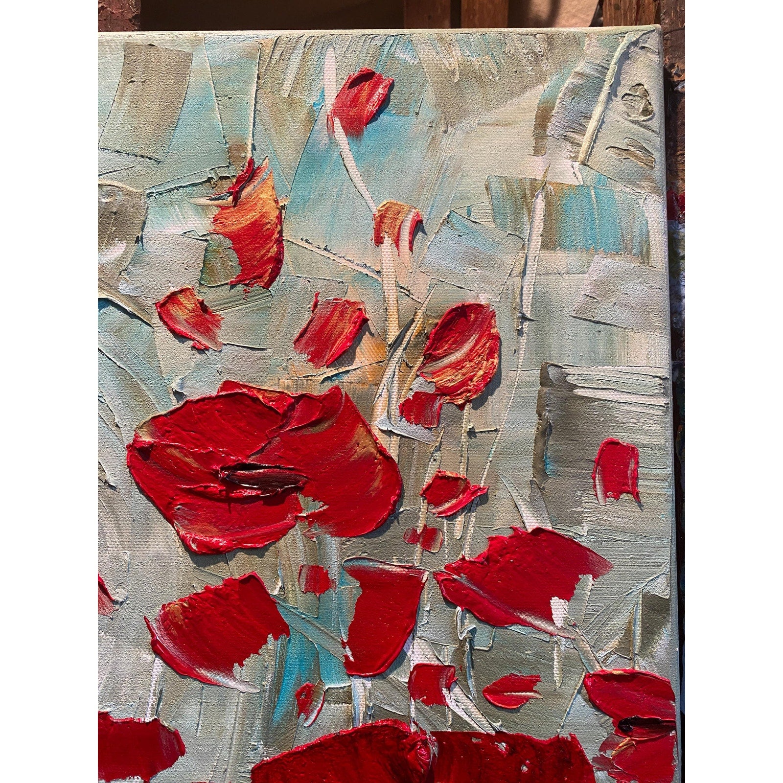 red poppies ORIGINAL abstract floral oil painting flowers landscape impasto Texture Palette knife Wall Art 20x20" Susanna Shap