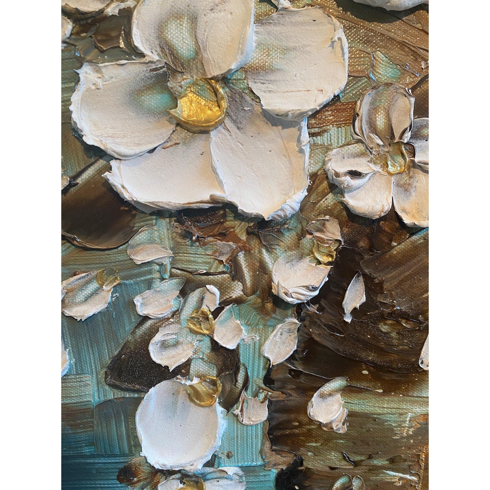 Abstract Heavy Textured White Flower Blossoms Bouquet, Still life Original Painting on Canvas, Impasto palette knife Art 24”x24”