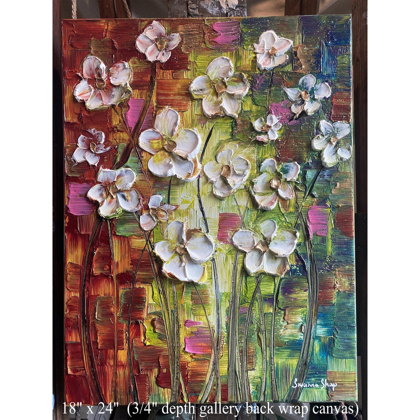 Original Abstract textured white flowers art, multicolored Palette Knife Impasto Painting: 18"x24" by Susanna Shap
