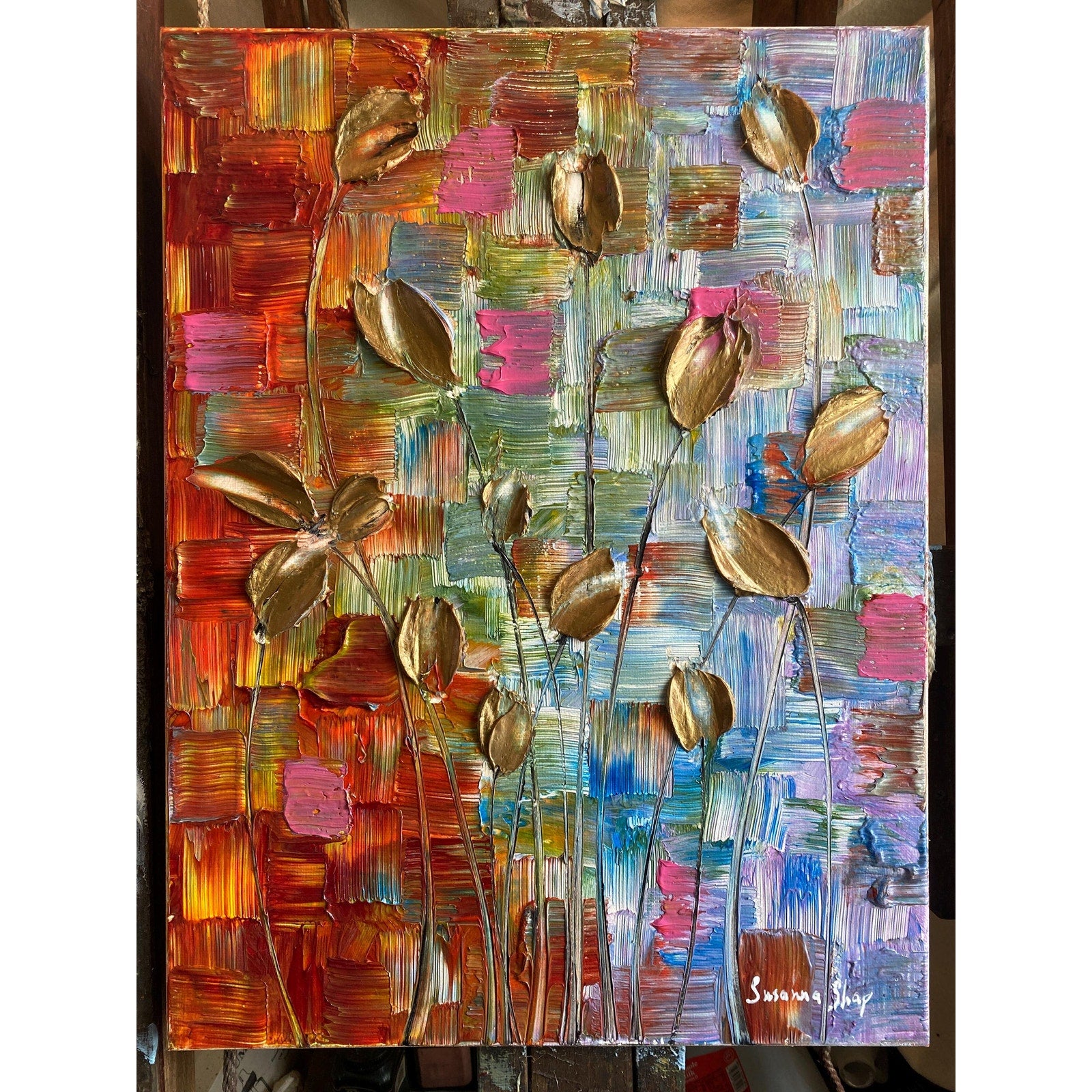 Original Gold Tulips Painting: Abstract Flowers, Textured Palette Knife Impasto Art