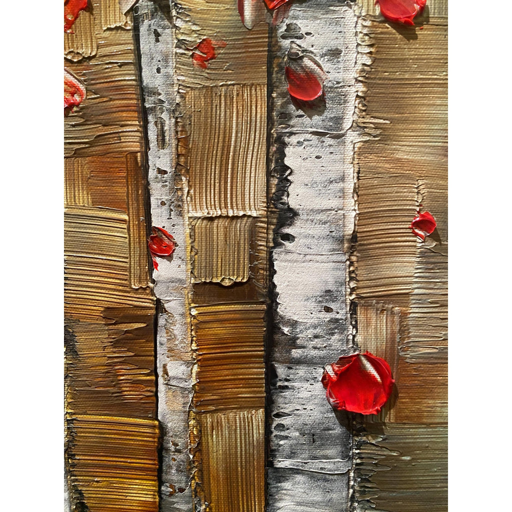 Red Birch Trees Impasto Painting, Textured Landscape Art (36x24")