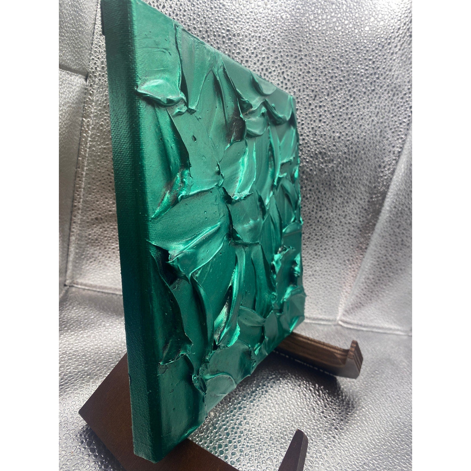 ORIGINAL Abstract Metallic Green Emerald Textured painting, Palette knife Impasto Small 8" x 8"