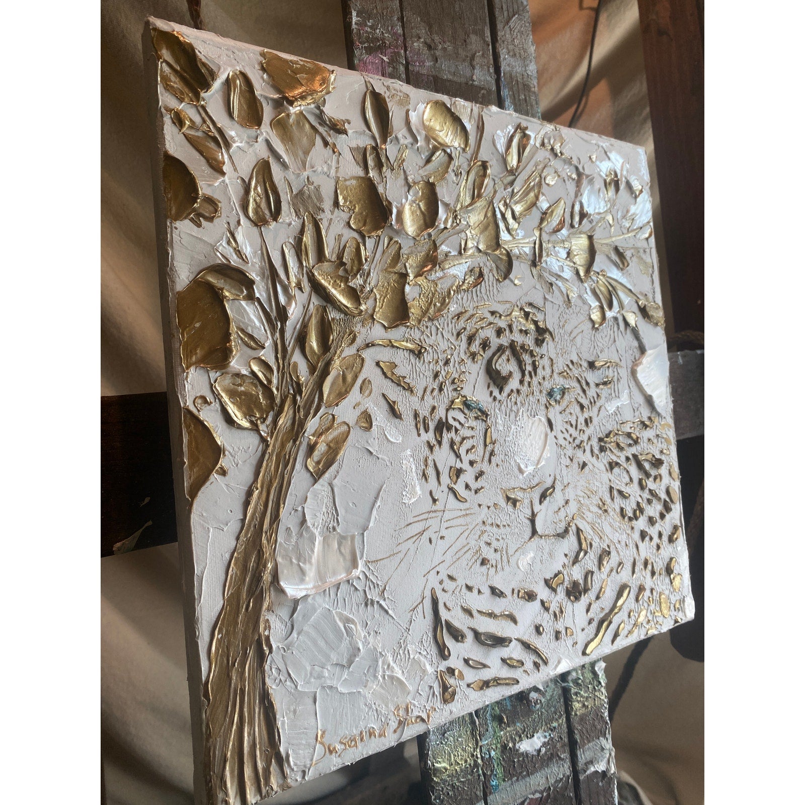 Leopard, Big Cat Animal Painting Abstract ORIGINAL Art White & Gold Textured painting, Handmade wall art