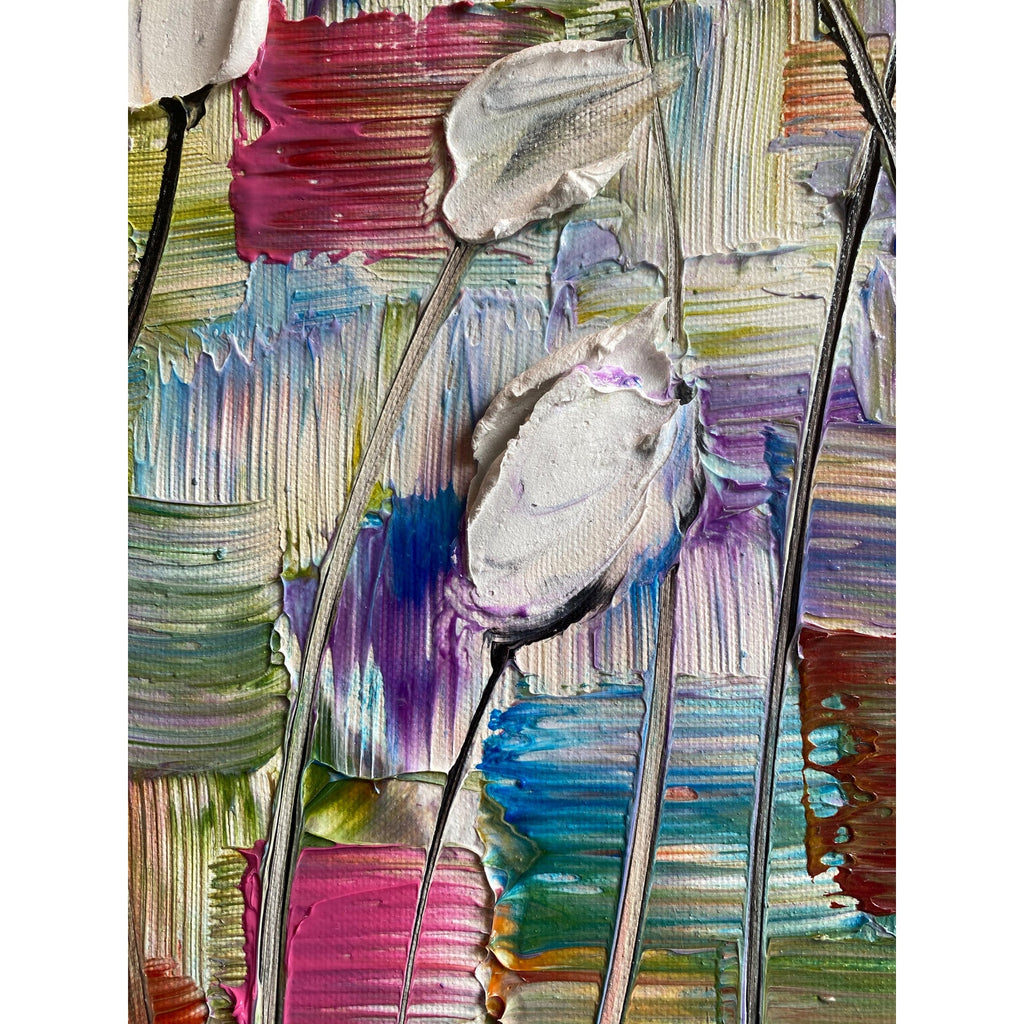 Original White Tulips Impasto Painting, Palette Knife Textured Art (20"x20")