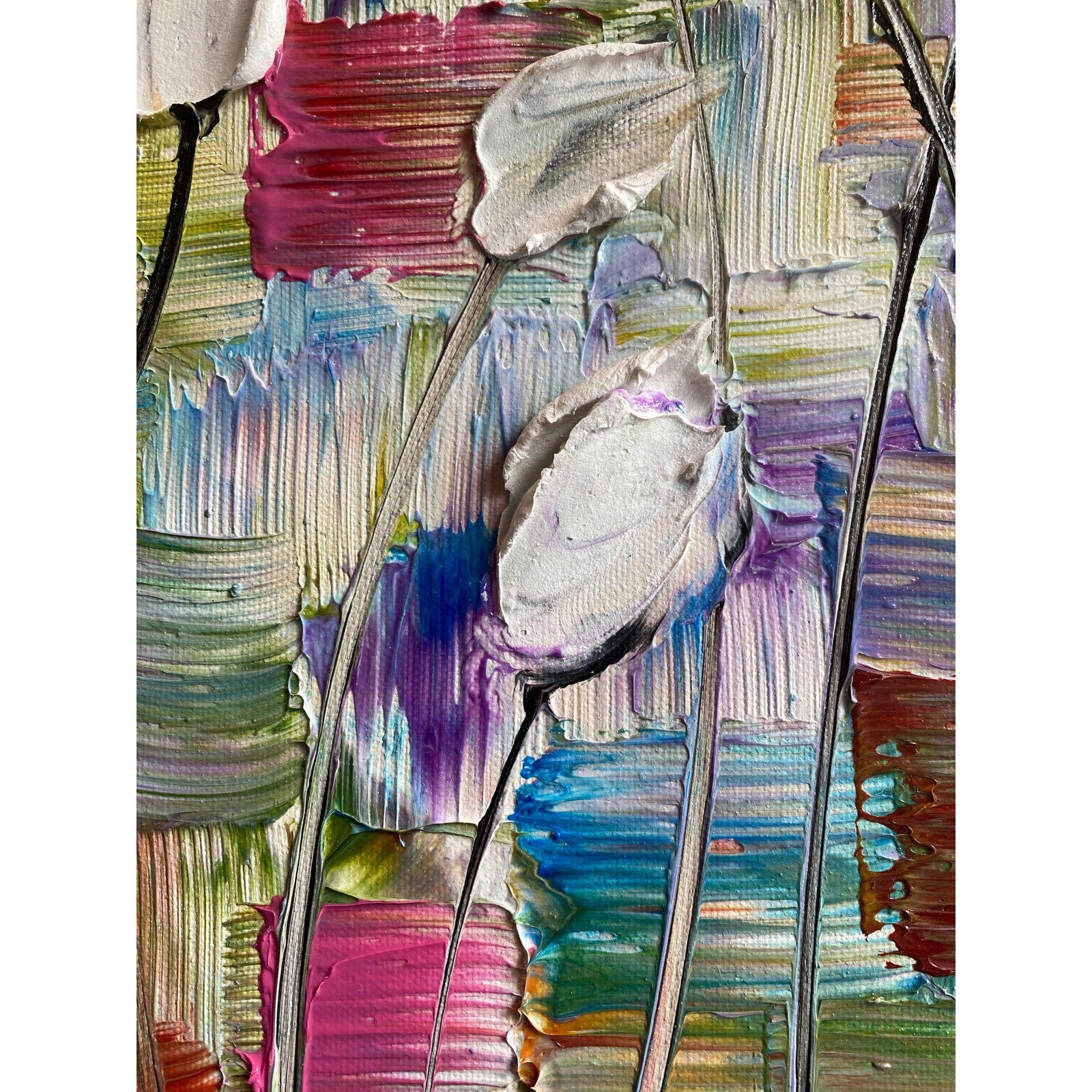 Original White Tulips Impasto Painting, Palette Knife Textured Art (20"x20")