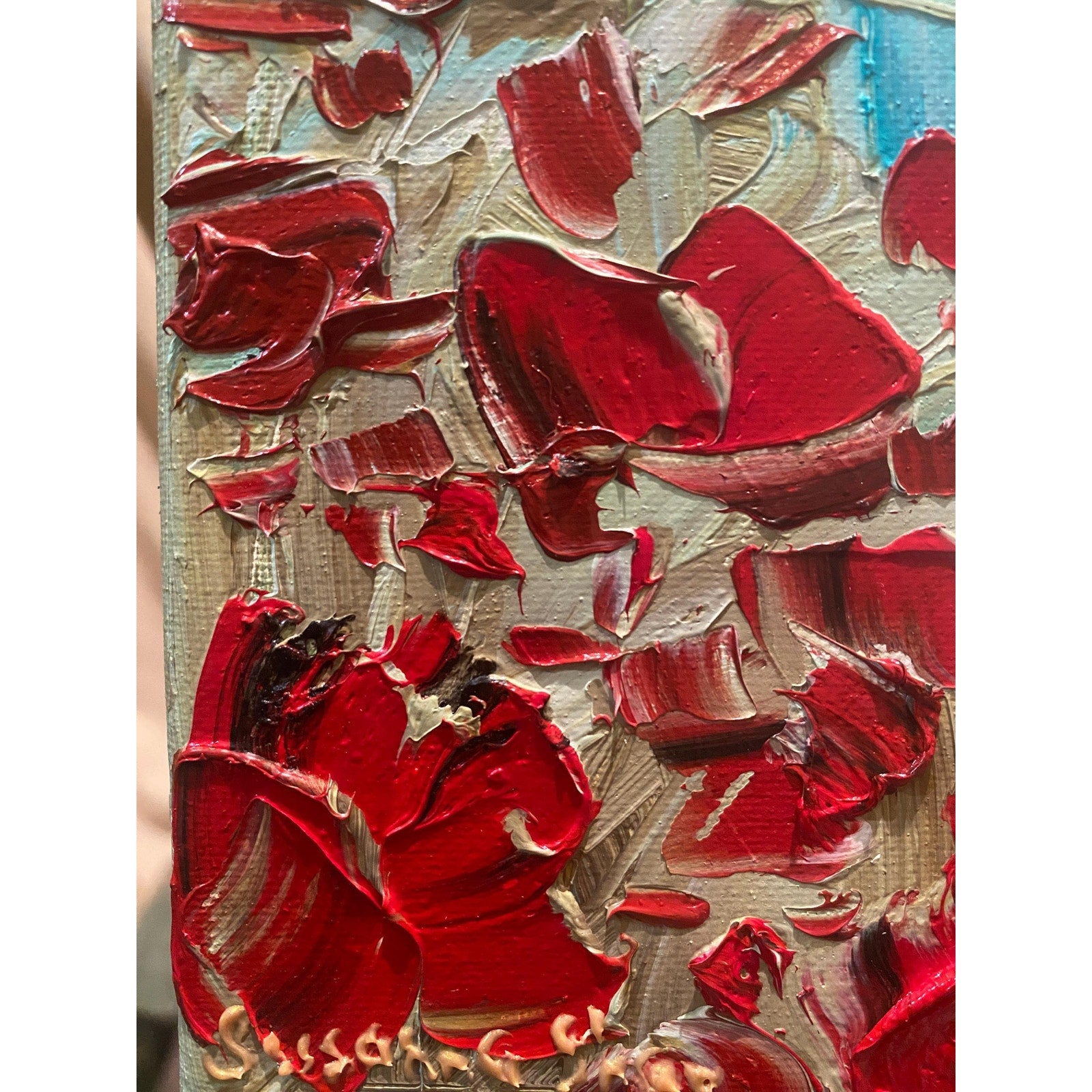 ORIGINAL small oil painting of dragonfly and red poppy flowers landscape on canvas Textured Palette knife art 8x8” by Susanna Shap