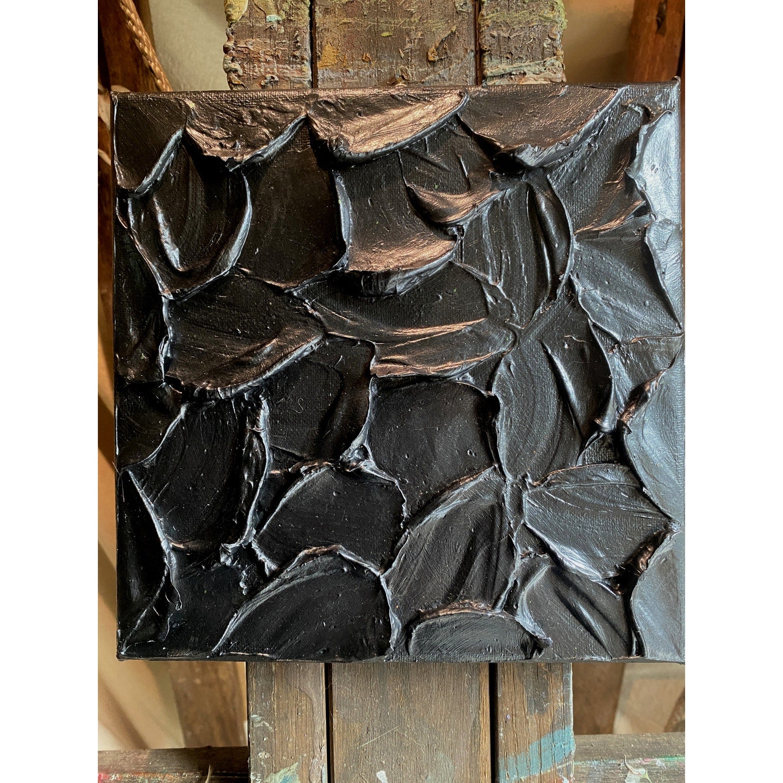 "obsidian" Metallic black ORIGINAL Abstract Textured painting, Palette knife Impasto Textured, Small 8" x 8""