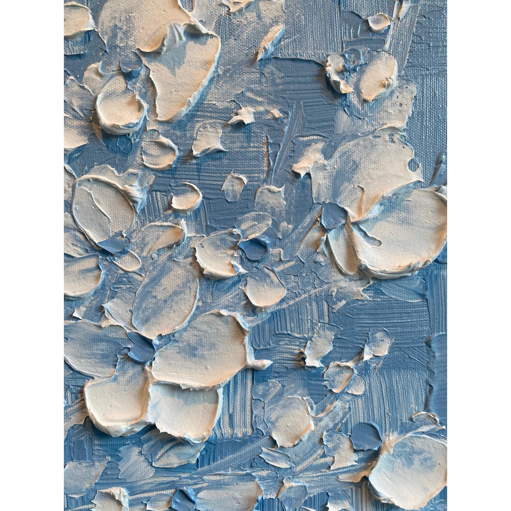 Wedgewood Blue Original Palette Knife Impasto Painting: White Cherry Blossoms tree (24"x24")