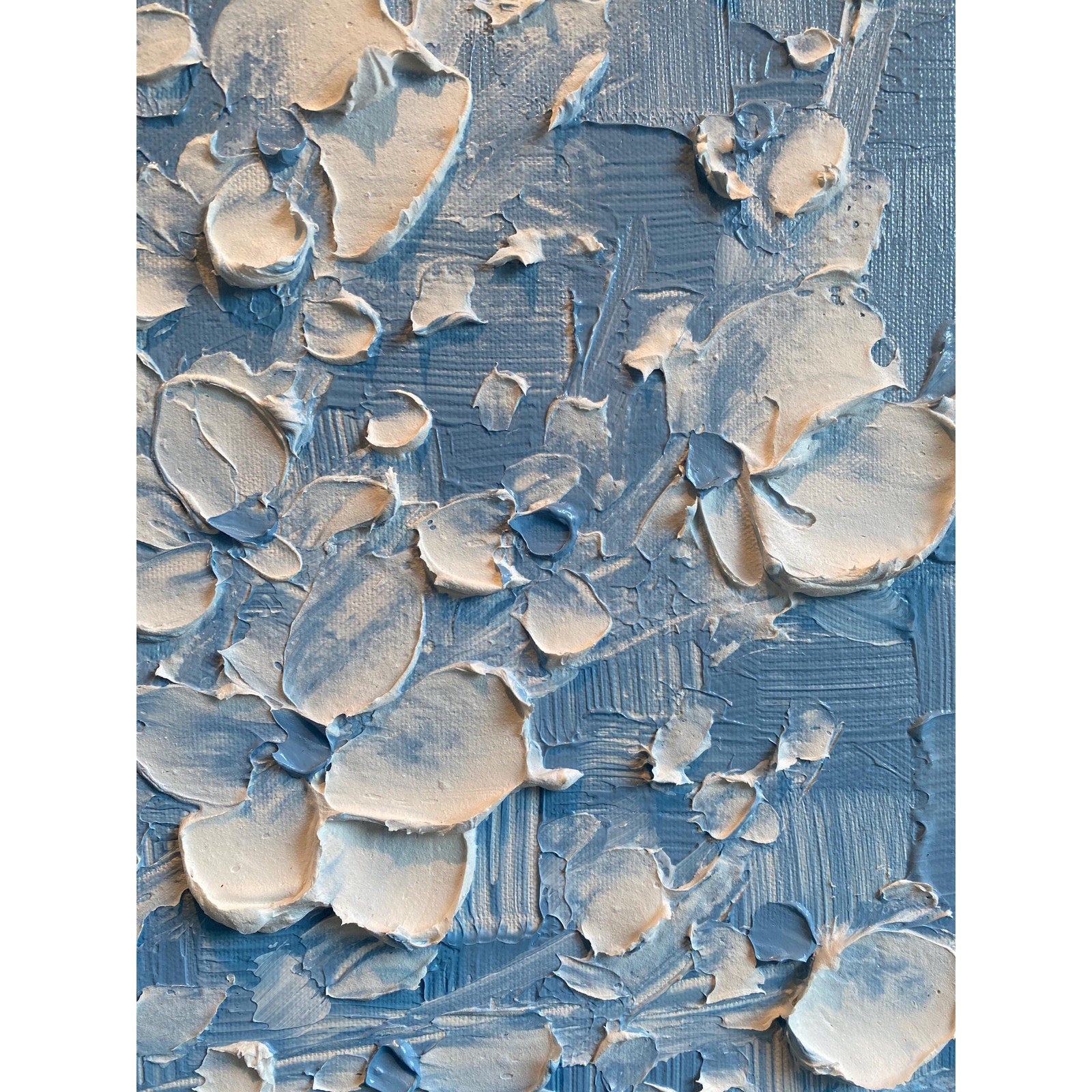 Wedgewood Blue Original Palette Knife Impasto Painting: White Cherry Blossoms tree (24"x24")